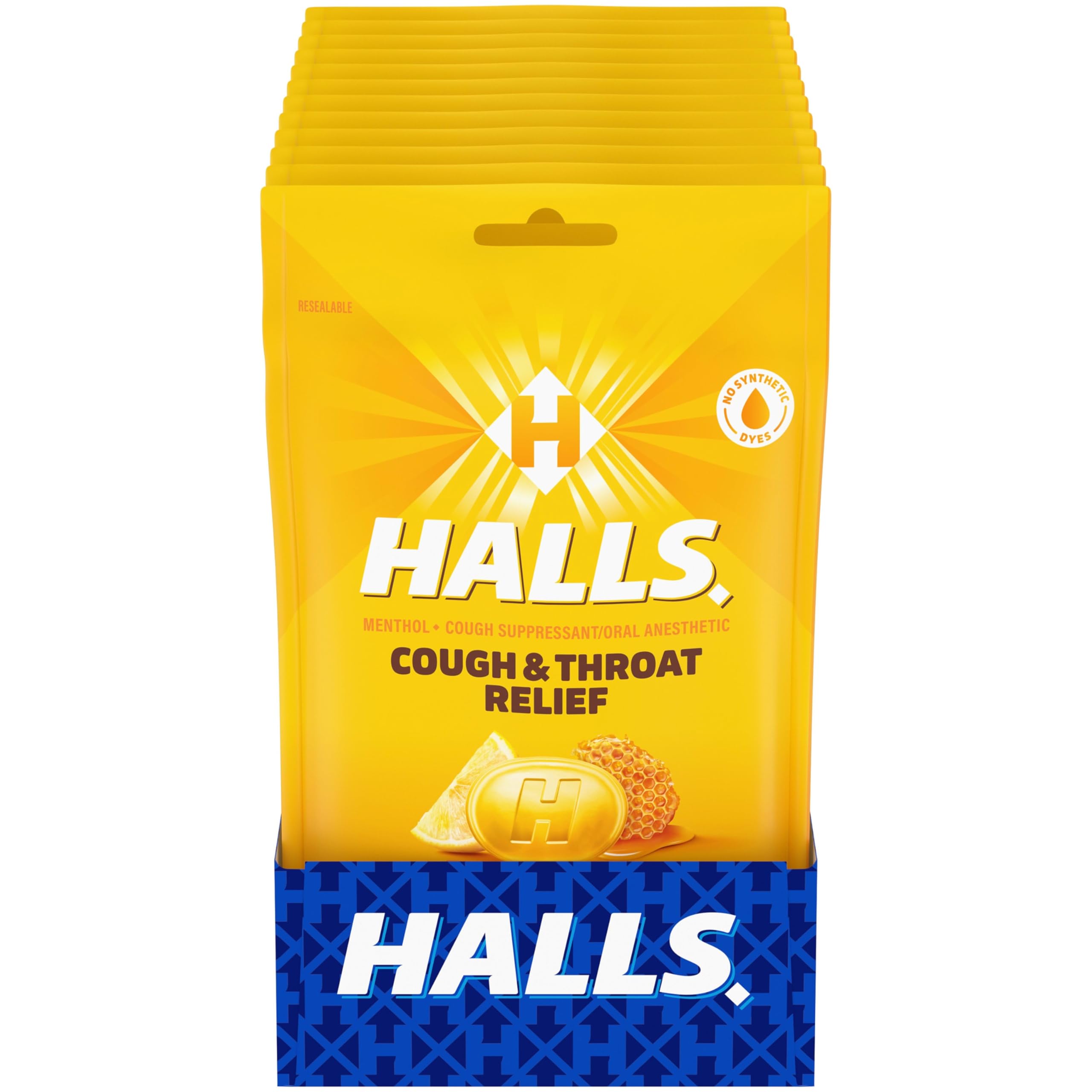 Pastillas HALLS Miel Limón, empaque exterior, ideal para llevar en el bolso.
