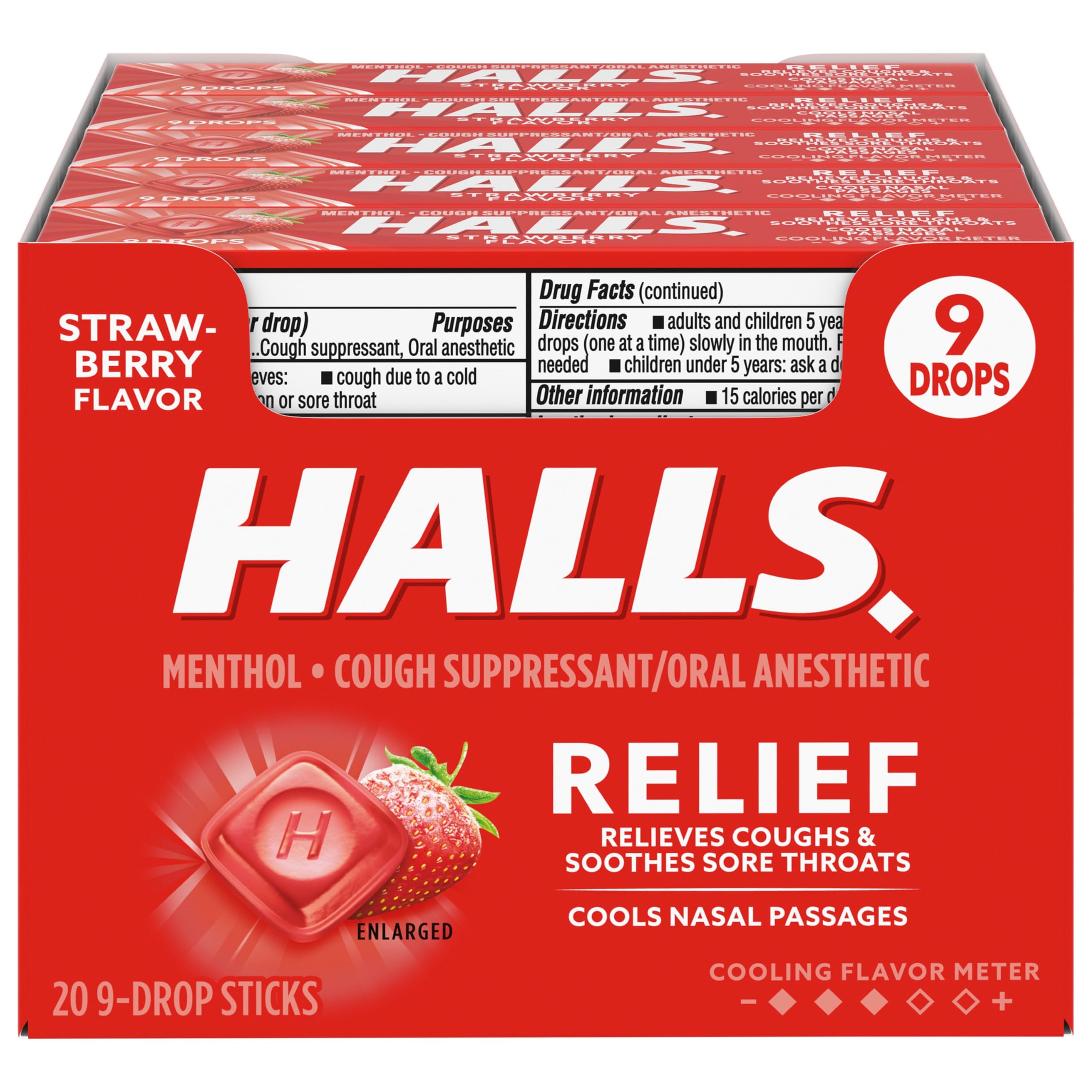 HALLS Relief fresa caja abierta muestra pastillas para la tos.