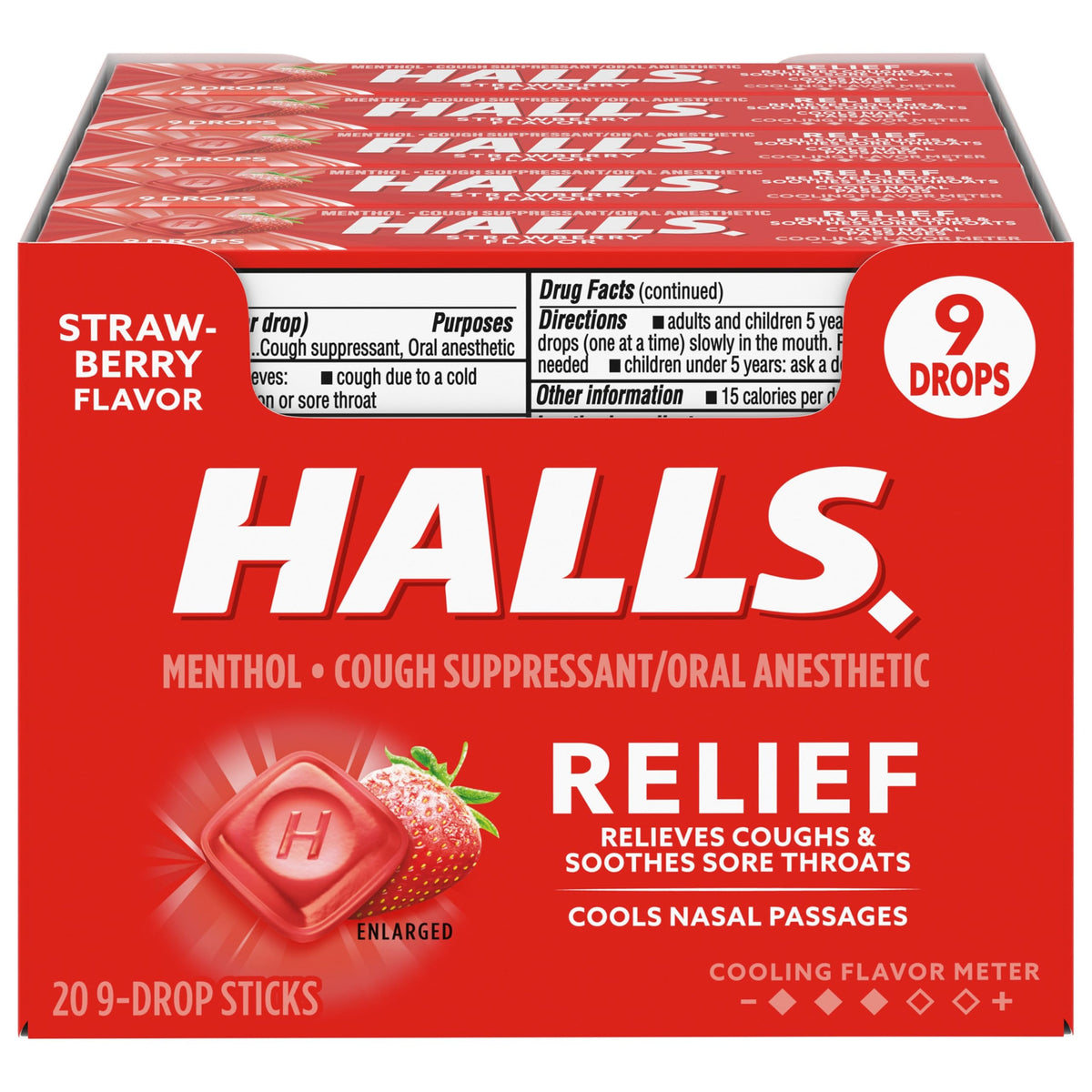 HALLS Relief fresa caja abierta muestra pastillas para la tos.