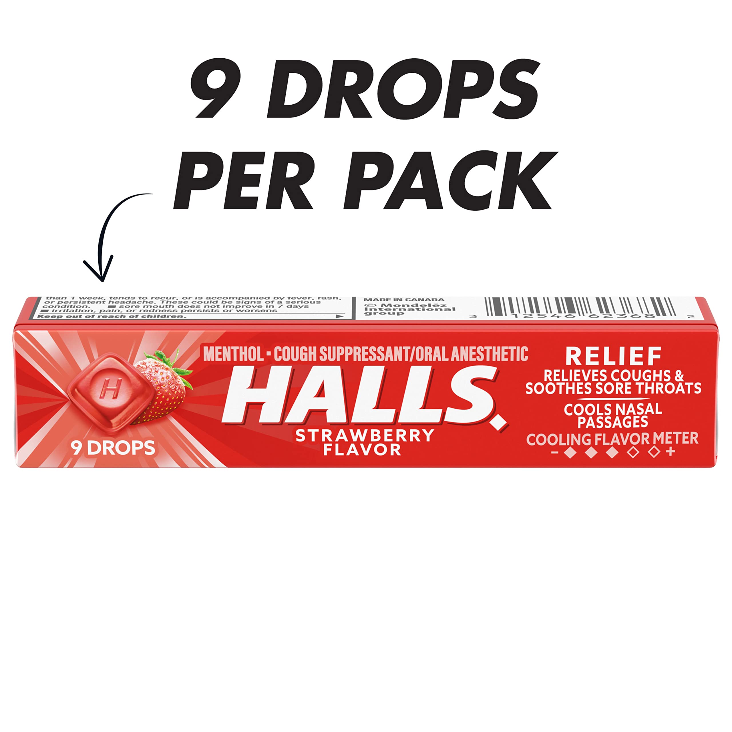 HALLS Relief fresa etiqueta clara en el empaque.