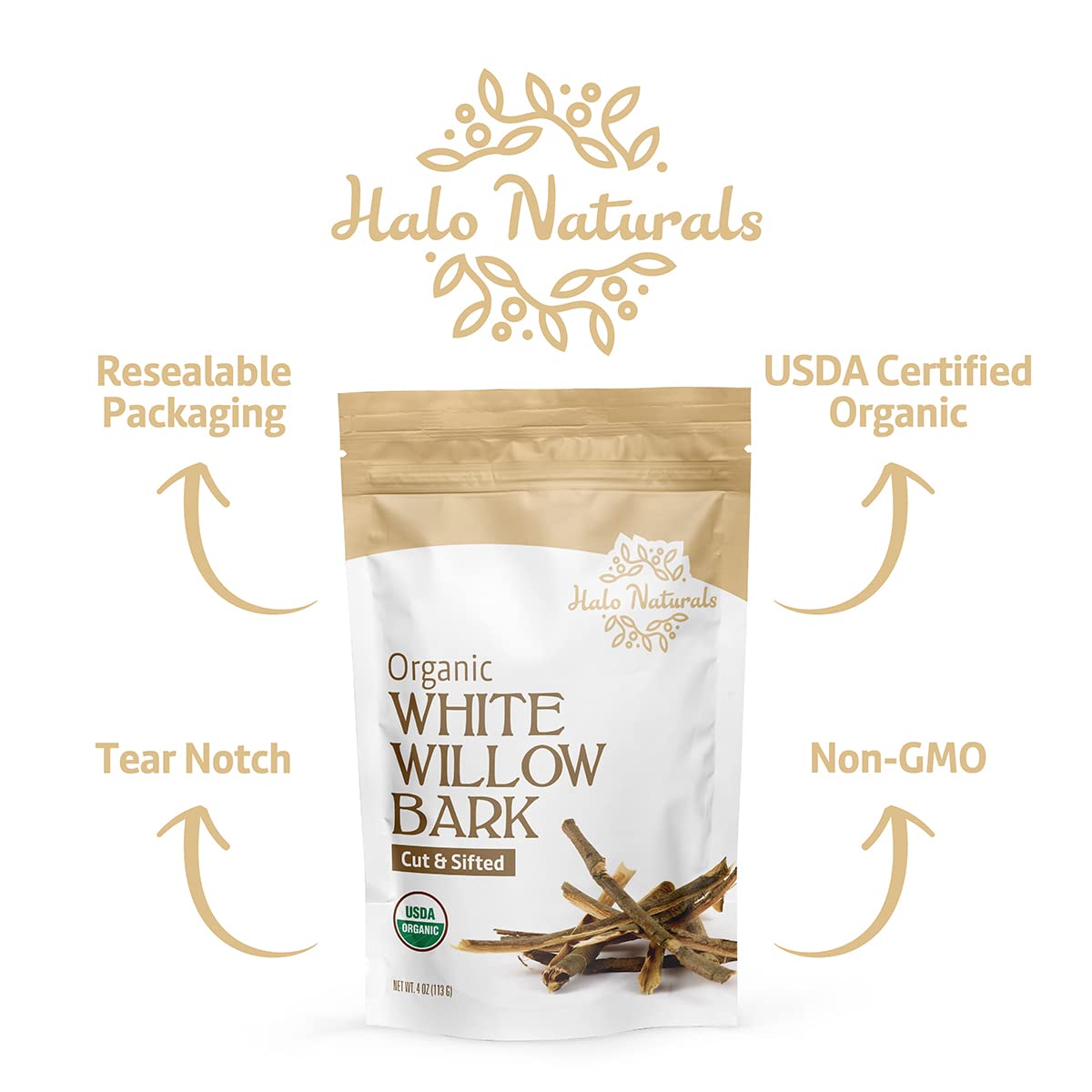 Halo Naturals textura de corteza de sauce blanca en primer plano.
