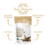 Halo Naturals textura de corteza de sauce blanca en primer plano.