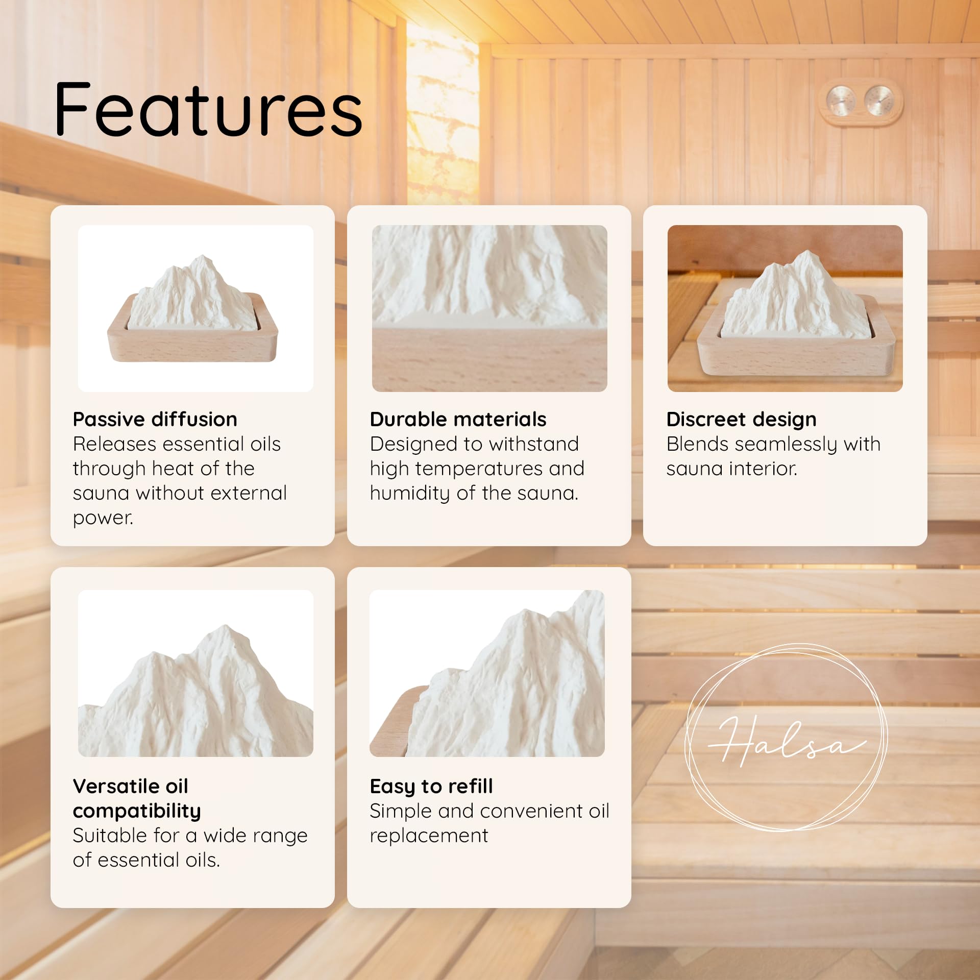 HALSA difusor pasivo, perfecto para sauna y uso en casa.