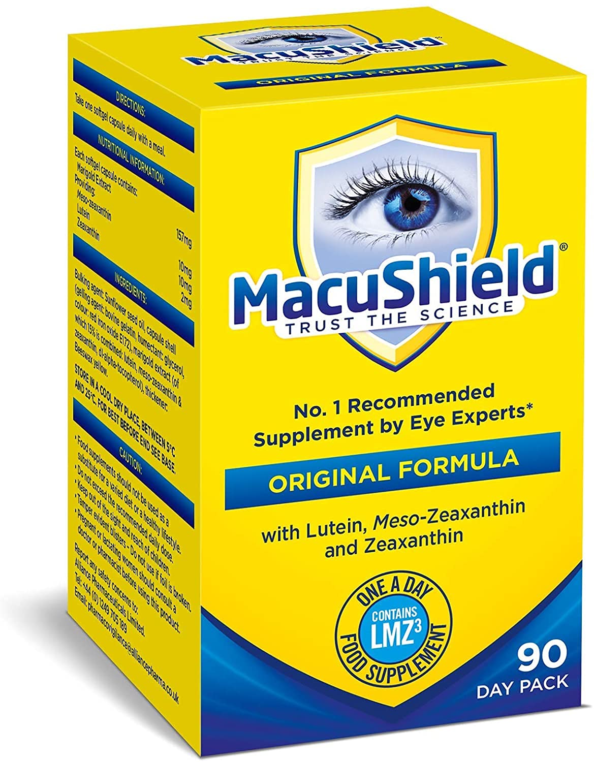Botella de Macushield, cápsulas listas para la rutina diaria.