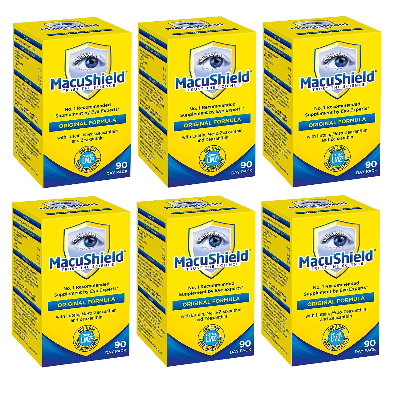 Macushield de Hampton Brands Ltd, frasco frontal con 90 cápsulas para uso diario.