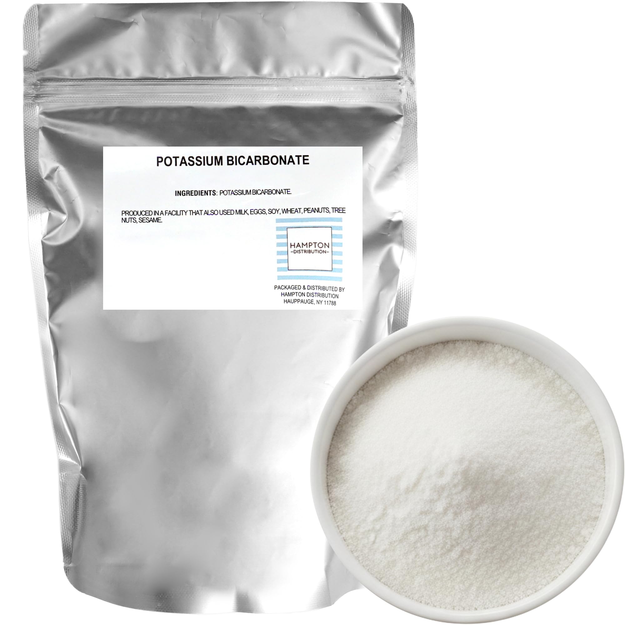 Hampton Distribution bicarbonato potásico 1 lb, frente de la bolsa, horneado ligero.