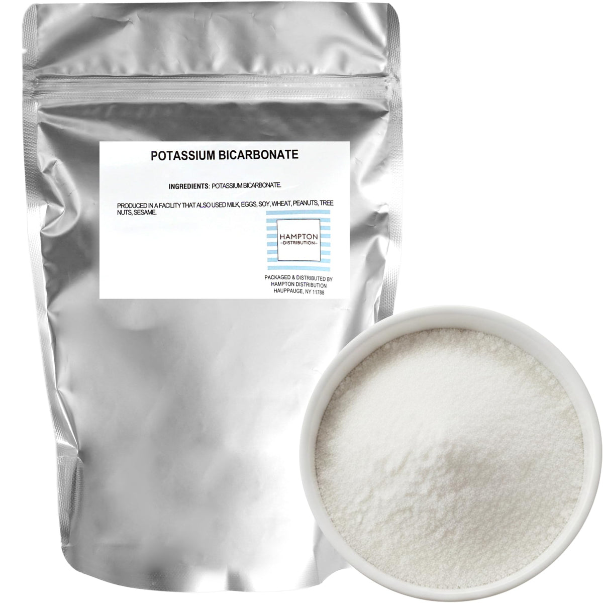 Hampton Distribution bicarbonato potásico 1 lb, frente de la bolsa, horneado ligero.