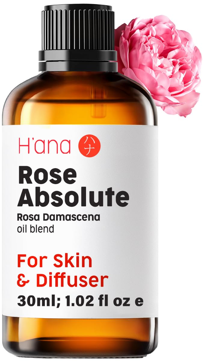 H'ana Aceite esencial de rosa: botella en primer plano para aroma floral relajante.