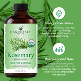 Ramitas de romero junto a la botella Handcraft Blends, ideal para aromaterapia.