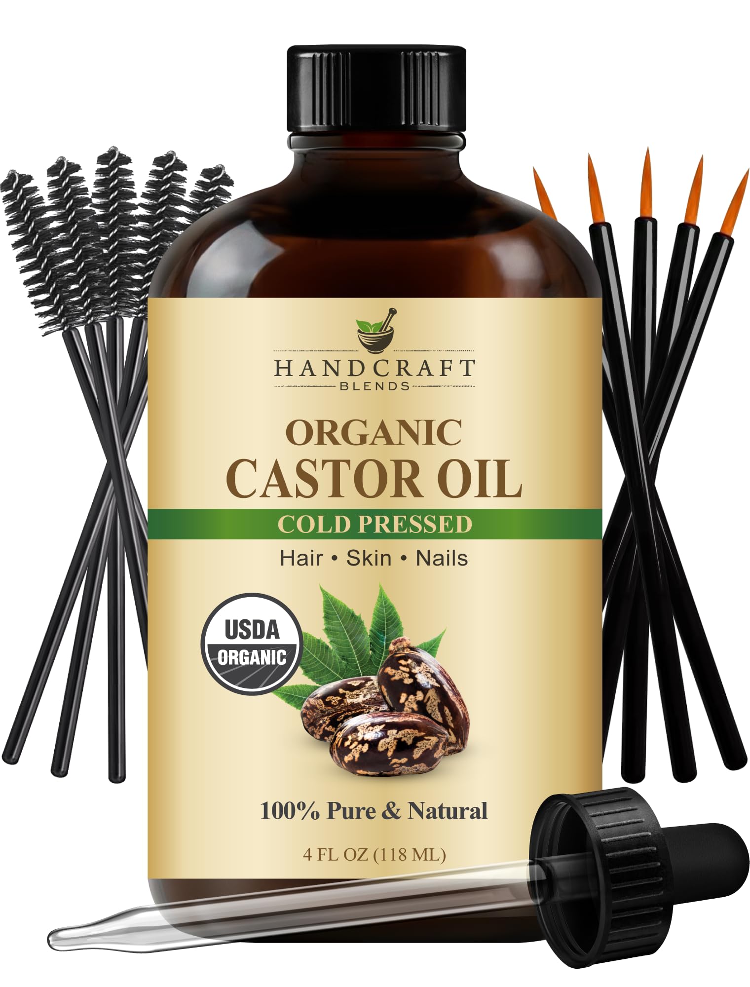 Aceite de ricino prensado en frío de Handcraft Blends en frasco de vidrio para cabello.
