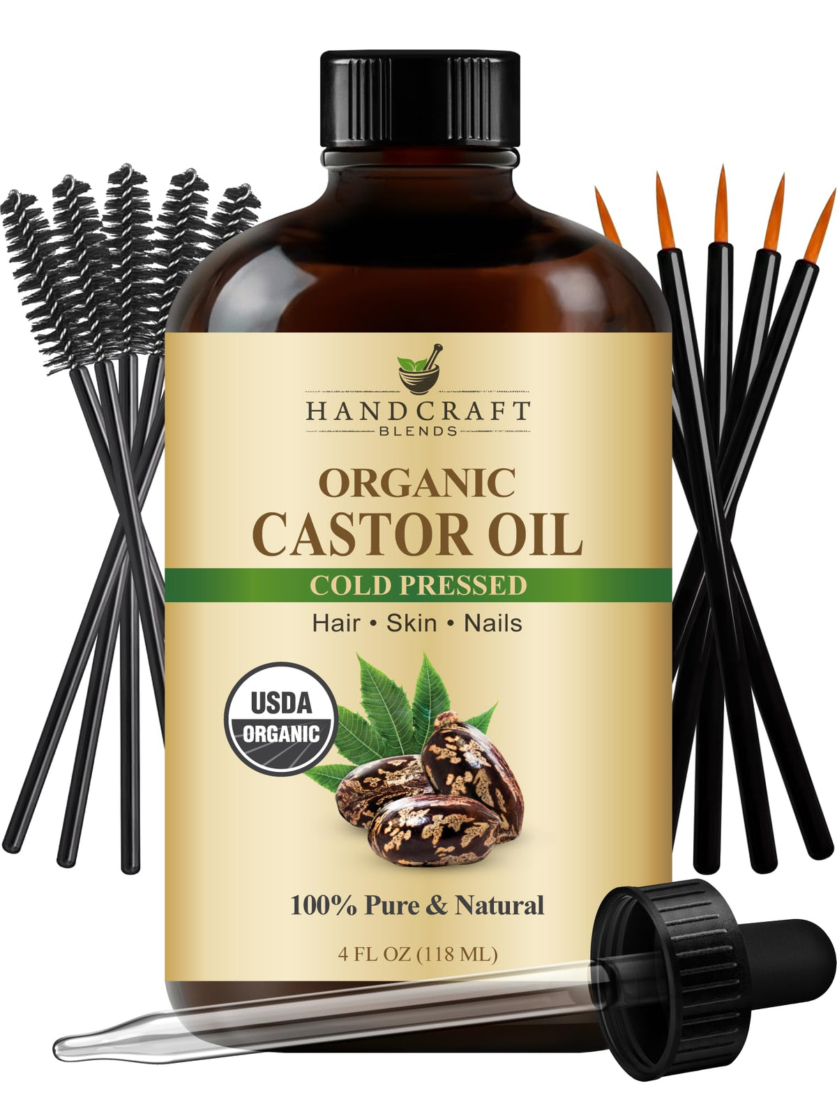 Aceite de ricino prensado en frío de Handcraft Blends en frasco de vidrio para cabello.