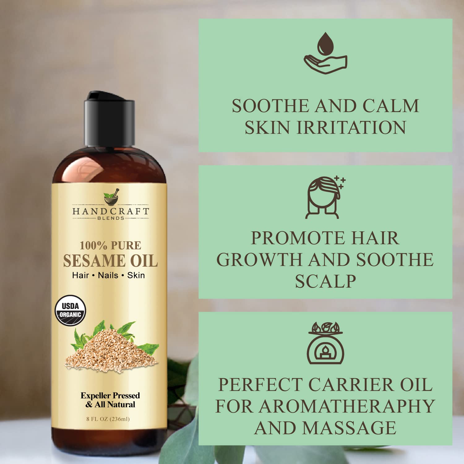 Handcraft Blends Aceite de sésamo orgánico ideal para masajes relajantes.