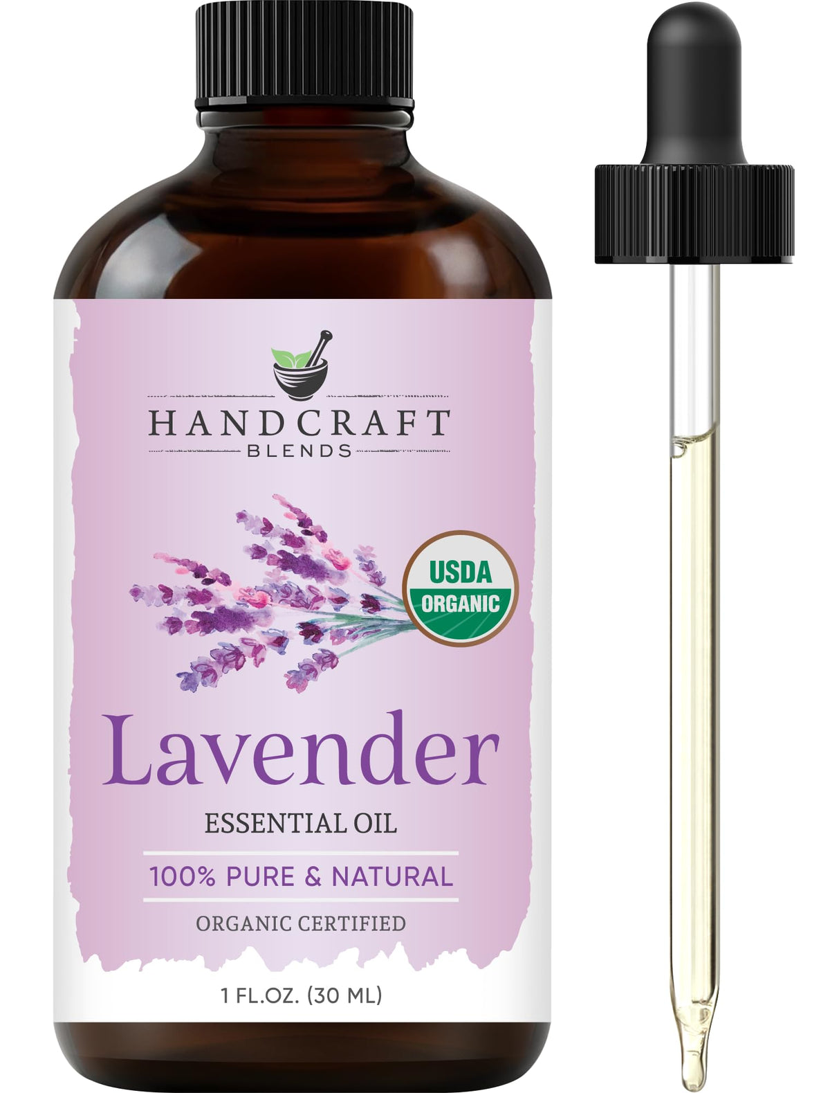 Handcraft Blends Lavanda organica en frasco ámbar protege el aceite.