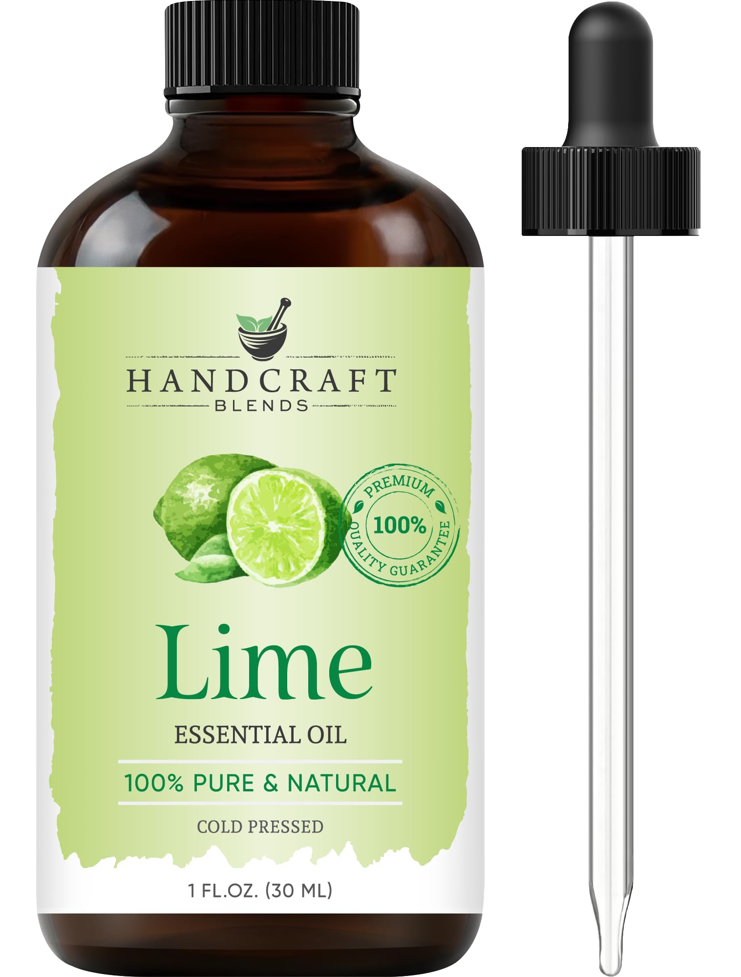 Handcraft Blends, aceite de lima en frasco ámbar para conservar pureza y aroma.