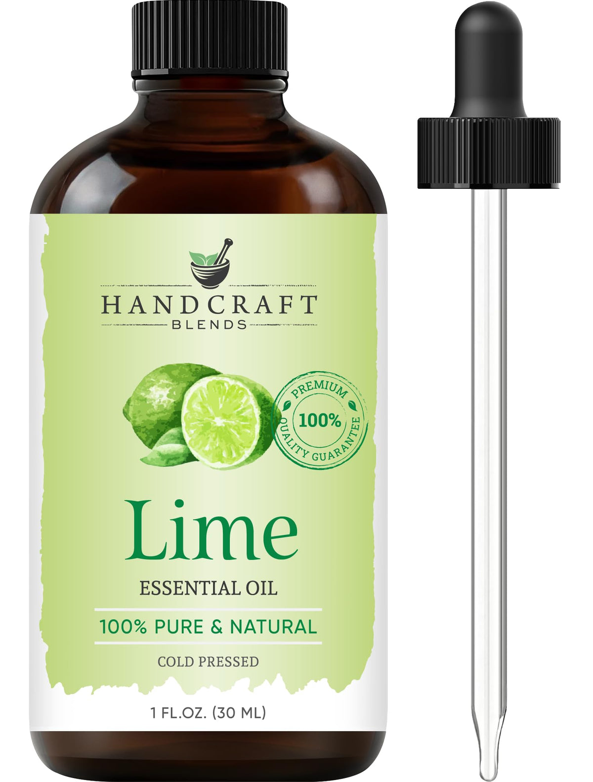 Handcraft Blends, aceite de lima en frasco ámbar para conservar pureza y aroma.