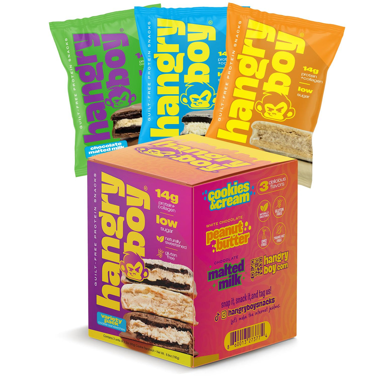 Hangryboy bocadillo proteico con chocolate blanco y mantequilla de cacahuate, snack postentrenamiento