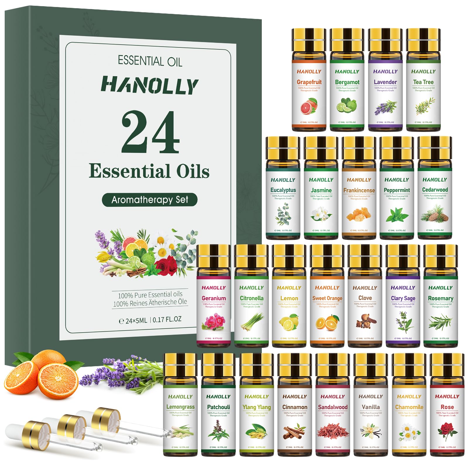 Hanolly set de aceites esenciales: 24 botellas oscuras para conservar fragancias.