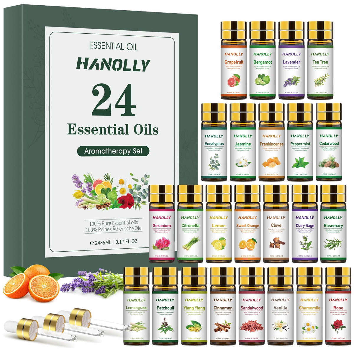 Hanolly set de aceites esenciales: 24 botellas oscuras para conservar fragancias.