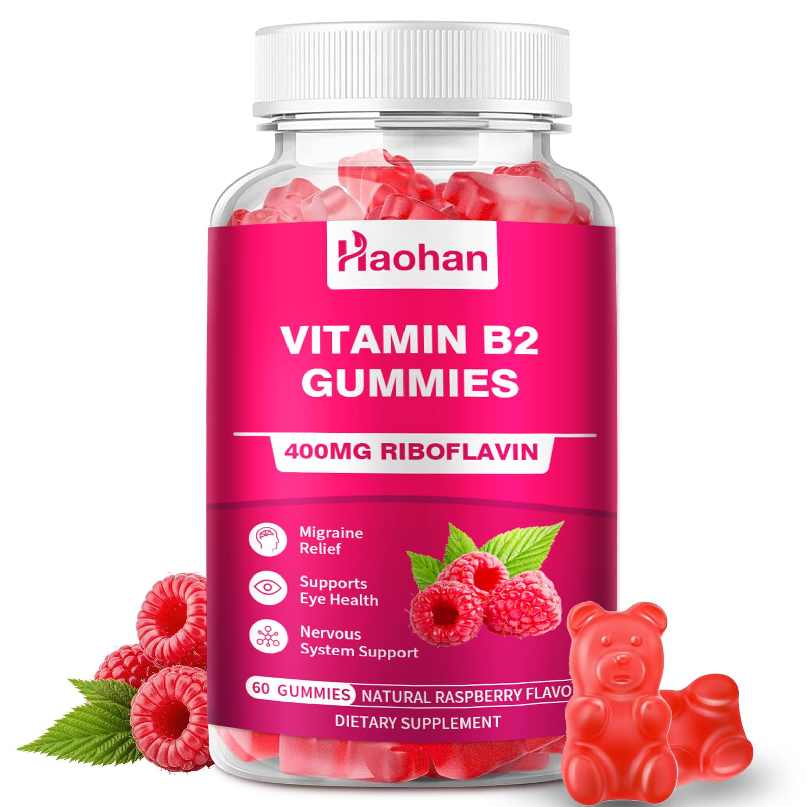 Gomitas Haohan B2 400 mg sabor frambuesa veganas para apoyo diario al sistema nervioso.