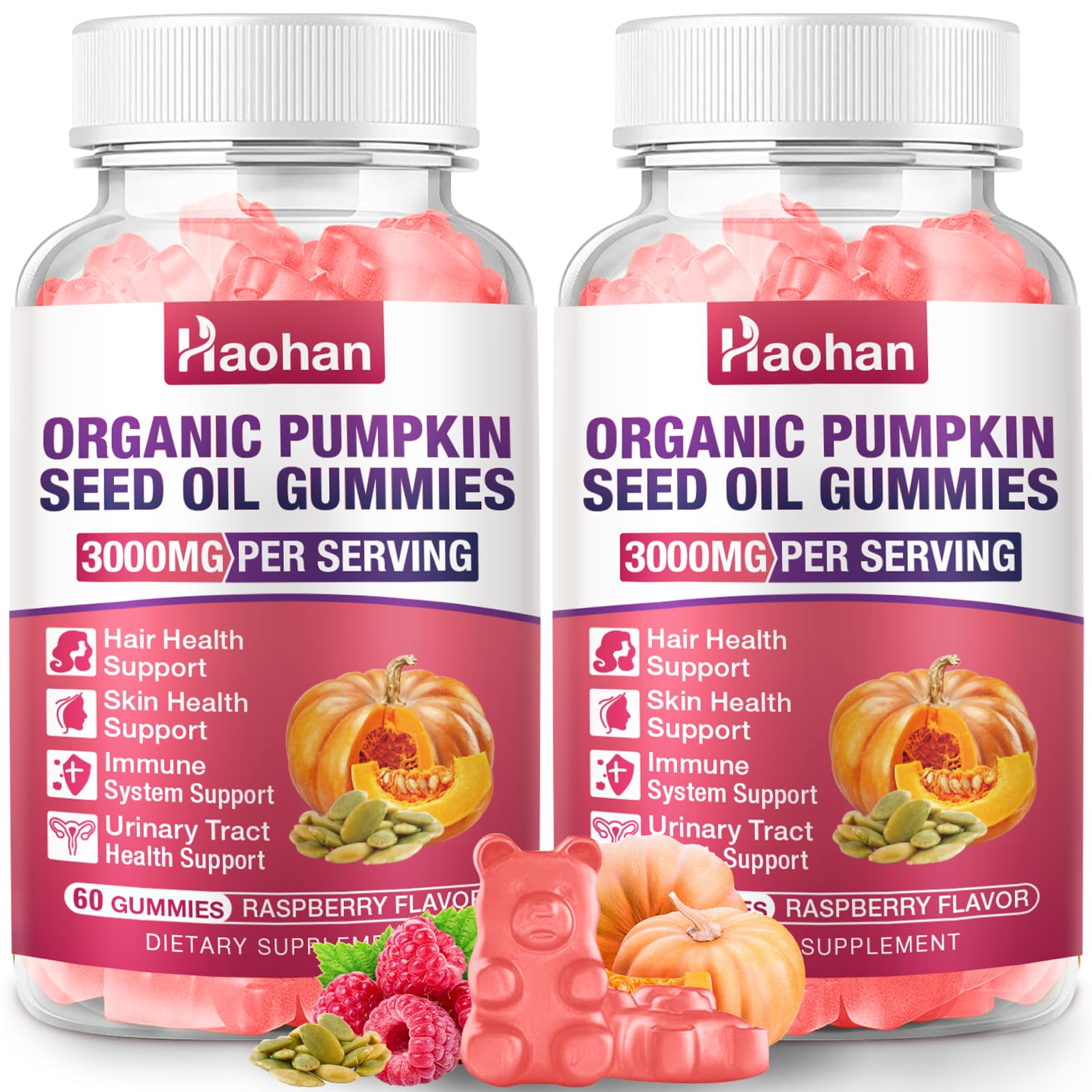 Haohan gomitas: aceite semilla calabaza-frambuesa en botella para cabello más fuerte