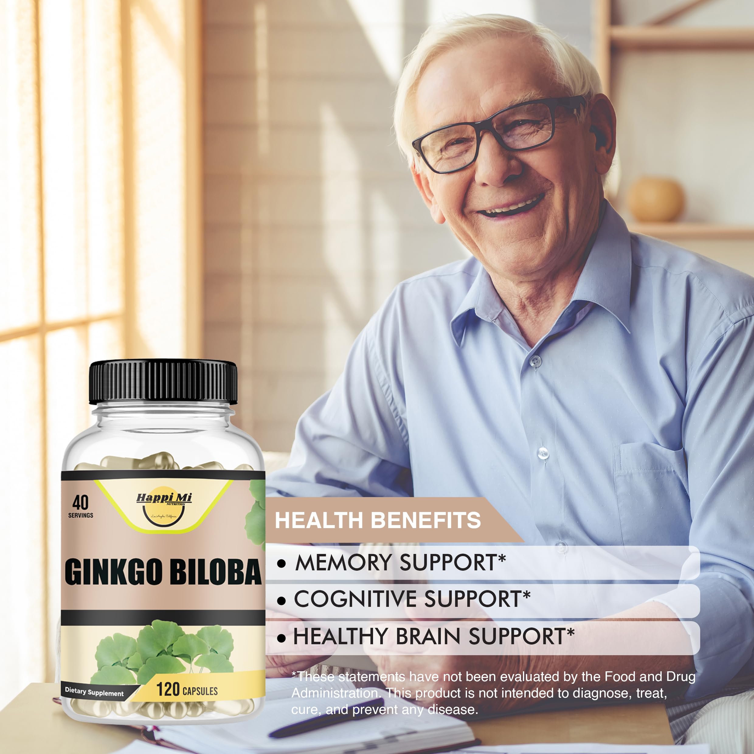 Opción sin transgénicos de Happi Mi Nutrition Ginkgo Biloba para bienestar.