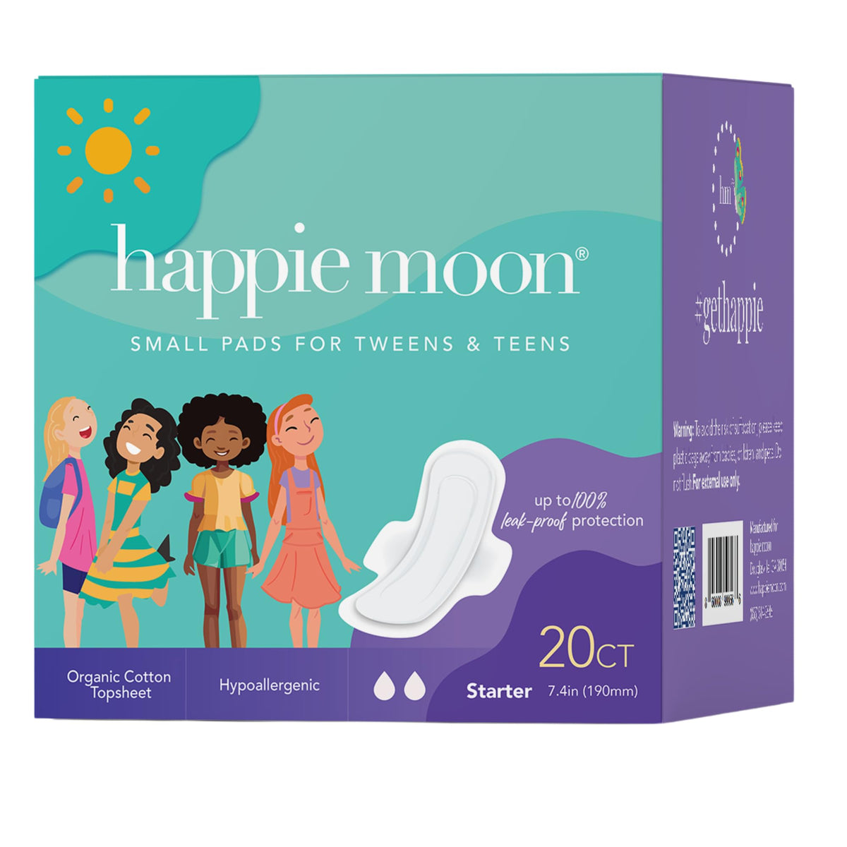 Happie Moon compresas de algodón orgánico, tamaño inicial de 7,4 pulgadas, protección suave para piel sensible.