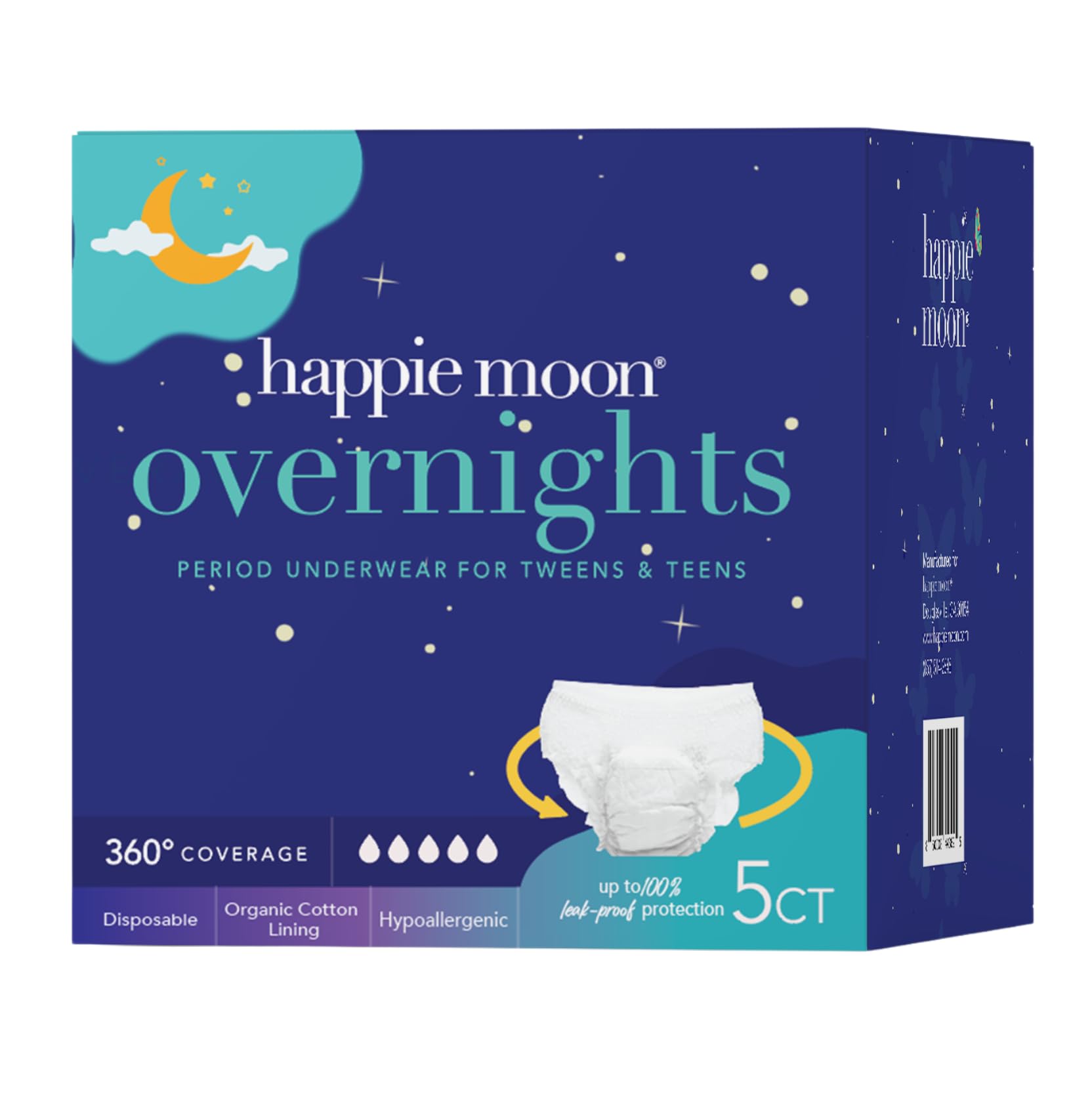 Happie Moon toalla sanitaria orgánica para adolescentes, cobertura 360 para dormir sin fugas.