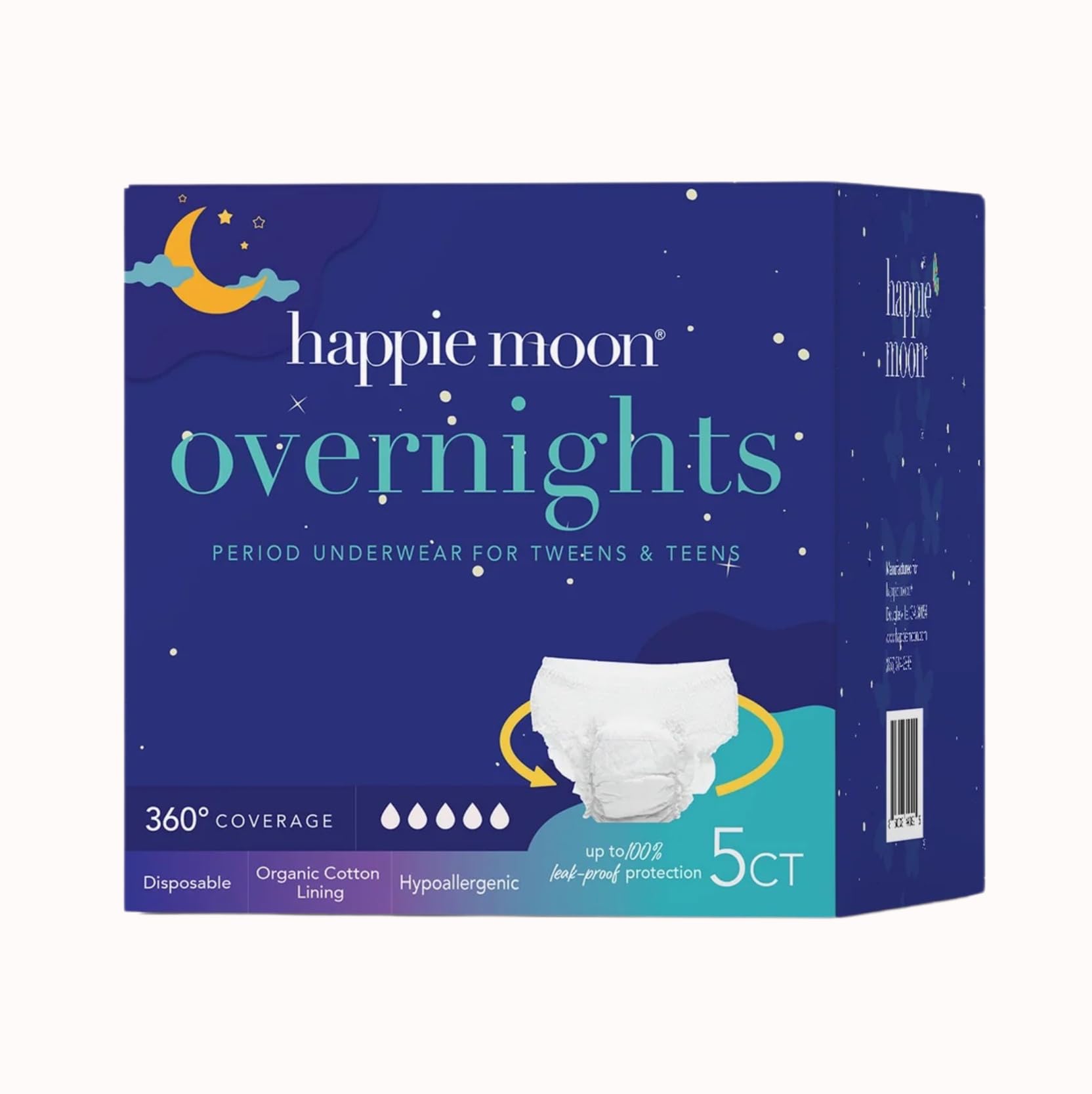 Happie Moon, uso diario y nocturno suave que apoya la comodidad durante el ciclo.