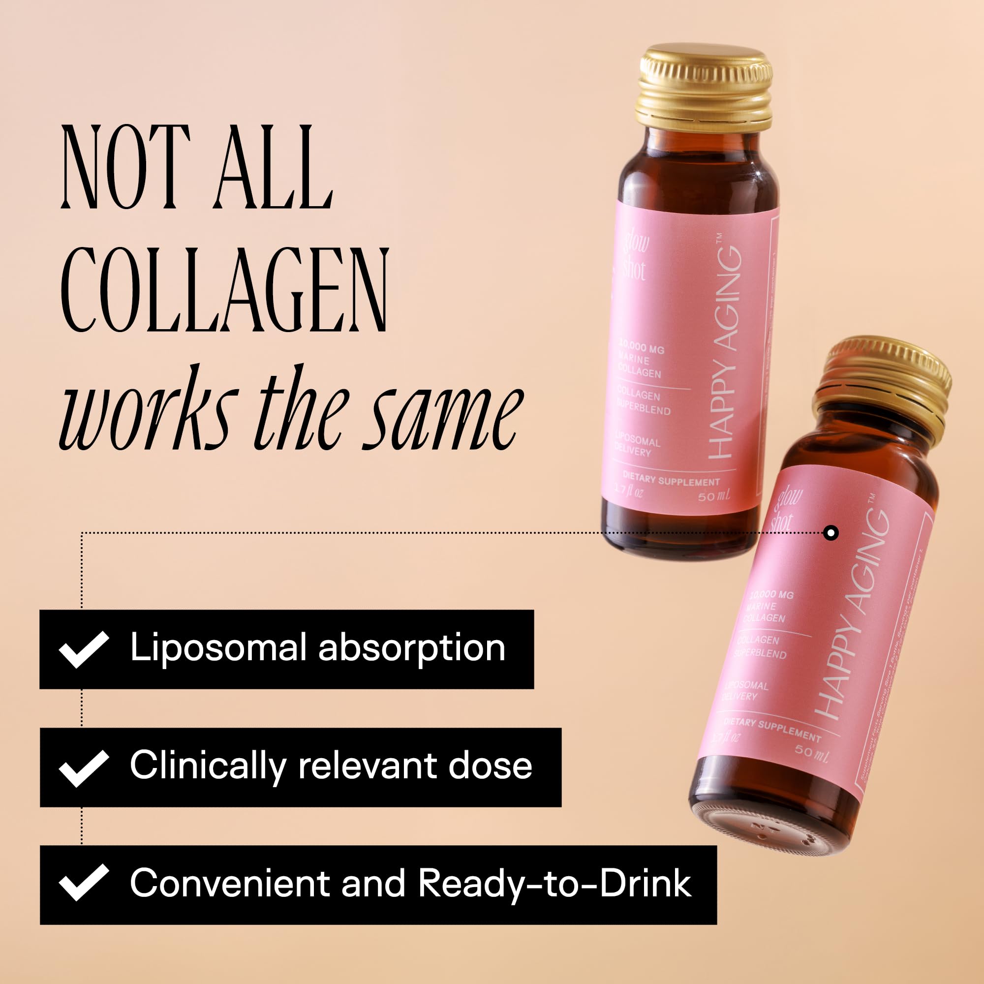Happy Aging Glow Shot, etiqueta brillante que transmite confianza.