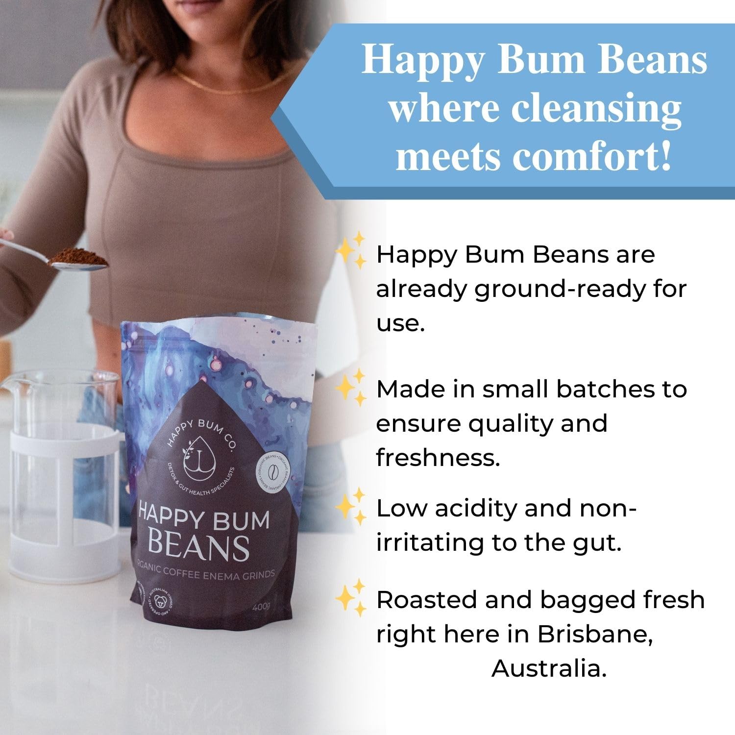 Happy Bum Co café enema alto palmitico, perfil suave para bienestar diario.