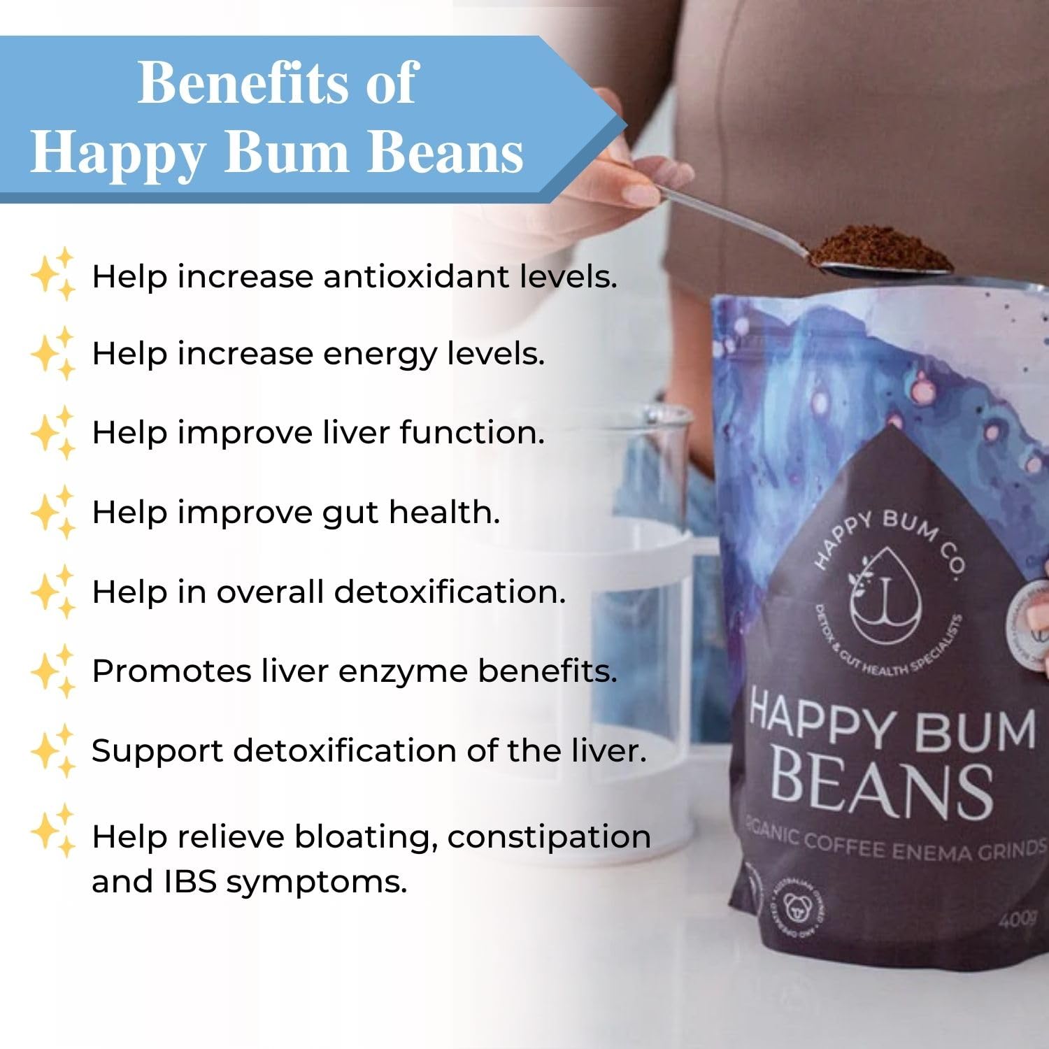 Happy Bum Co cafe enema orgánico para desintoxicación suave y natural.