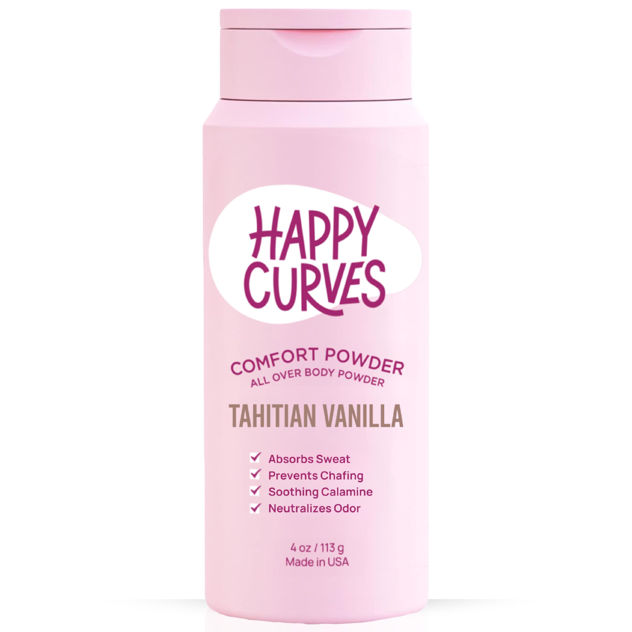 HAPPY CURVES Comfort Powder: bote visible con textura sedosa que ayuda a mantener la piel seca.