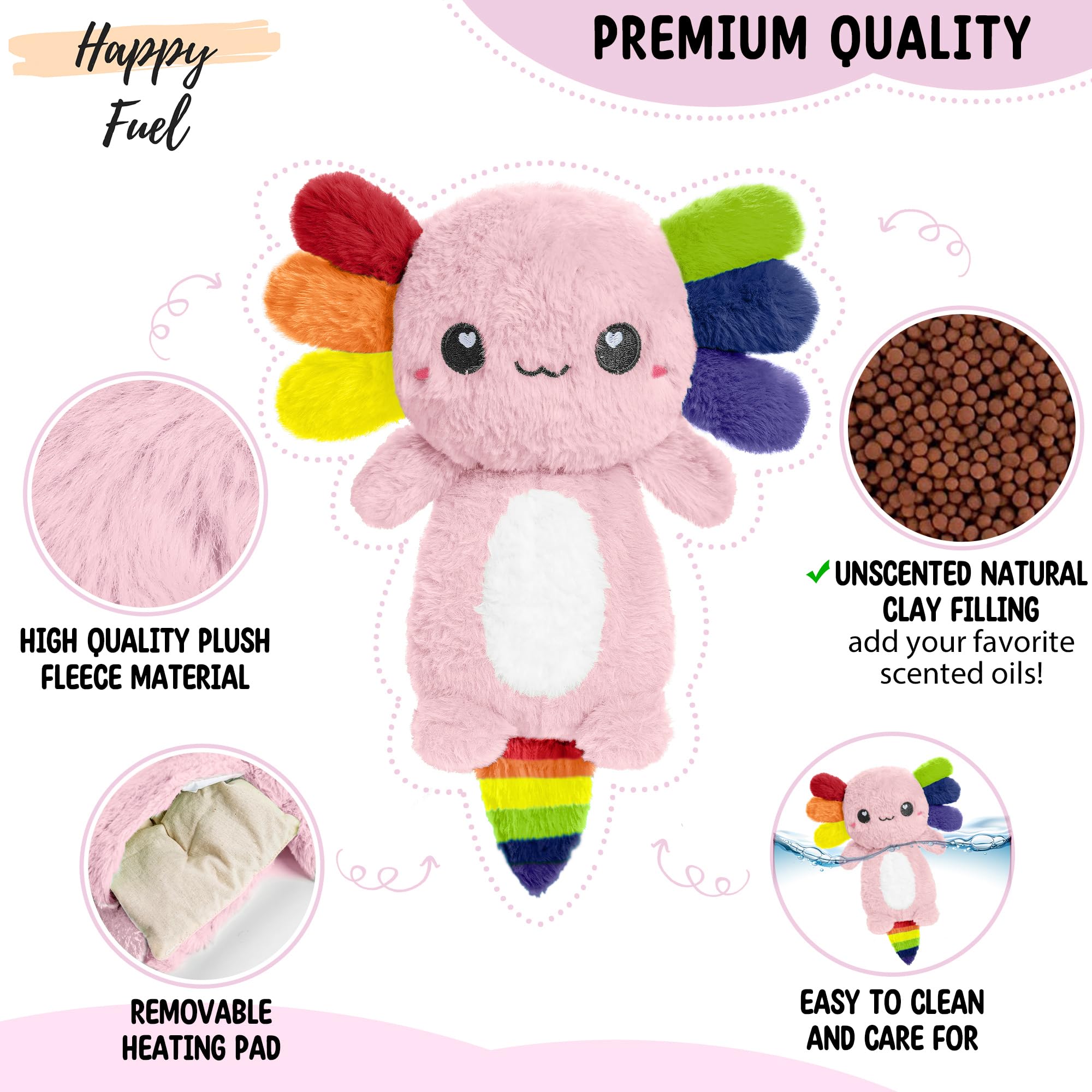 Relajación para el periodo con calor suave del axolotl arcoíris de Happy Fuel.