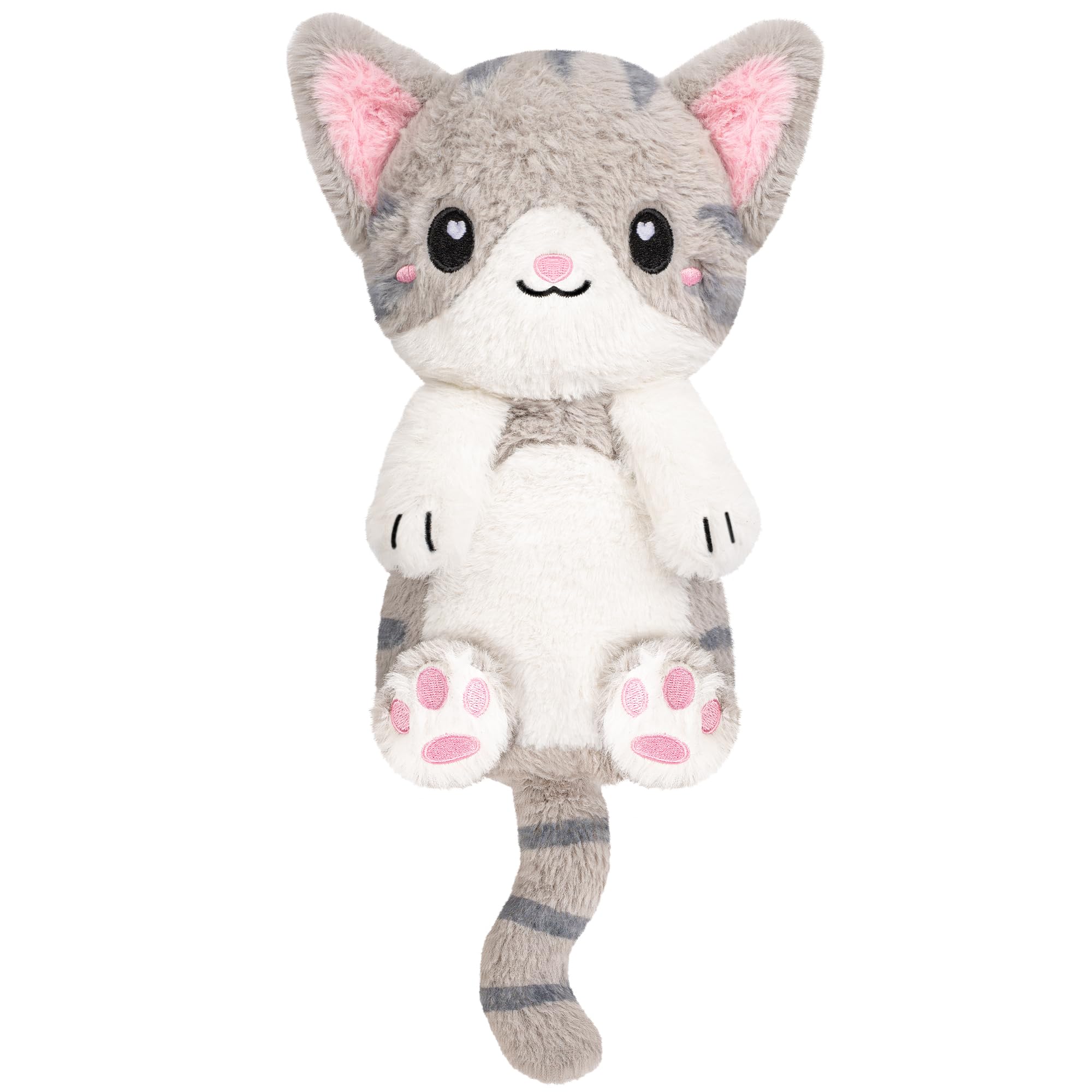 Happy Fuel Gato Gris: calor microondas para confort nocturno y peluche suave.