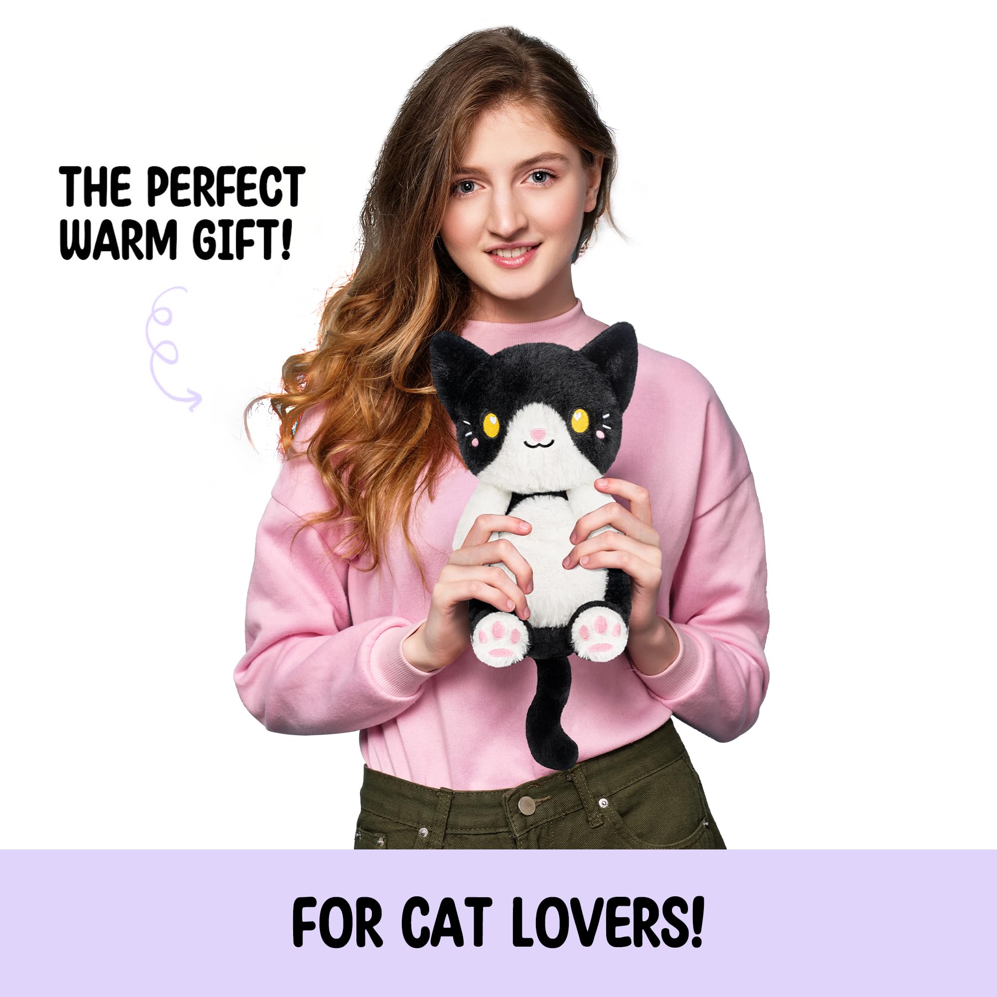 Happy Fuel gato tuxedo, peluche cálido para relajación nocturna.