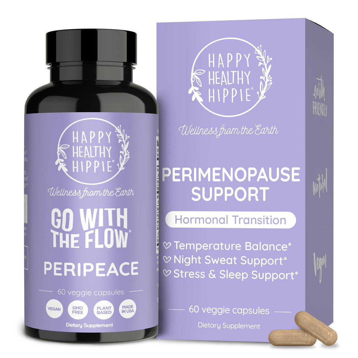 Happy Healthy Hippie, envase de cápsulas veganas para equilibrio hormonal.