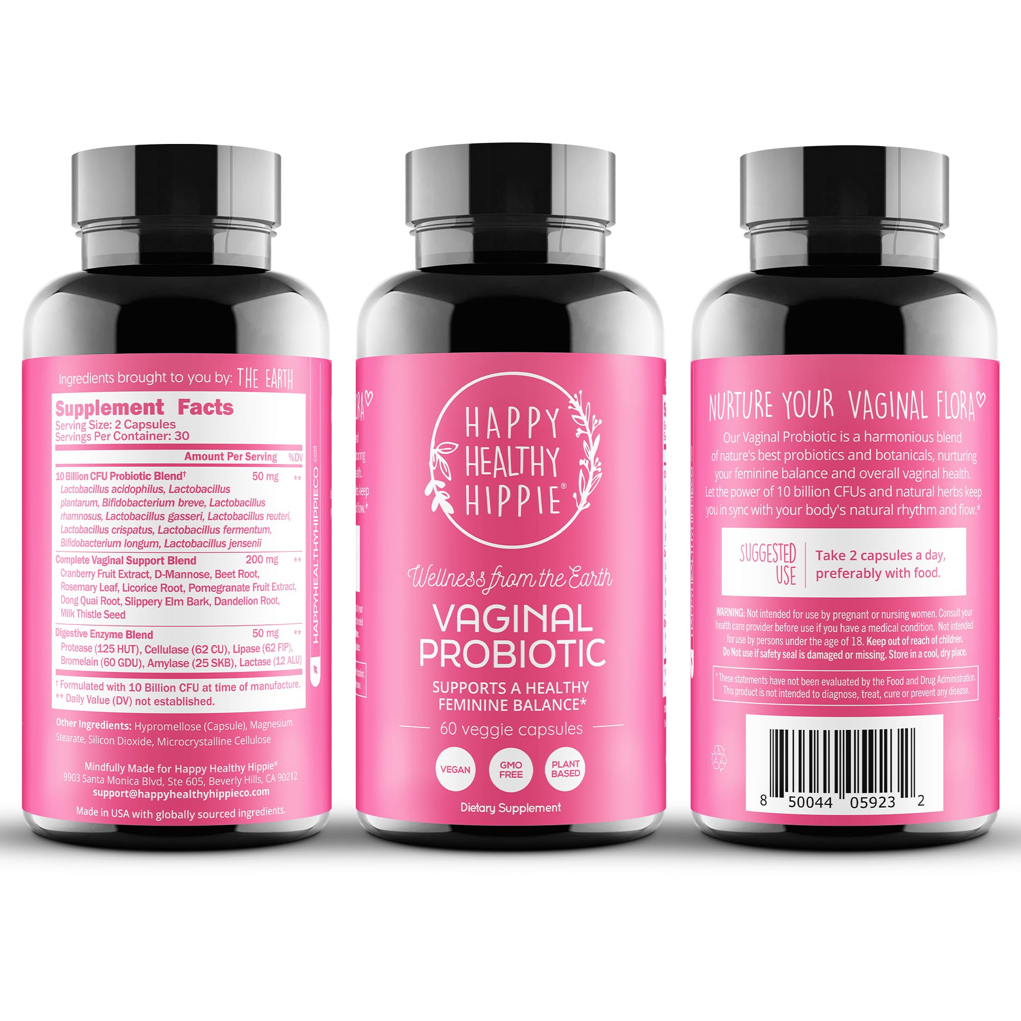 Happy Healthy Hippie Probiotico Extracto de Granada, botánicos para equilibrio femenino.
