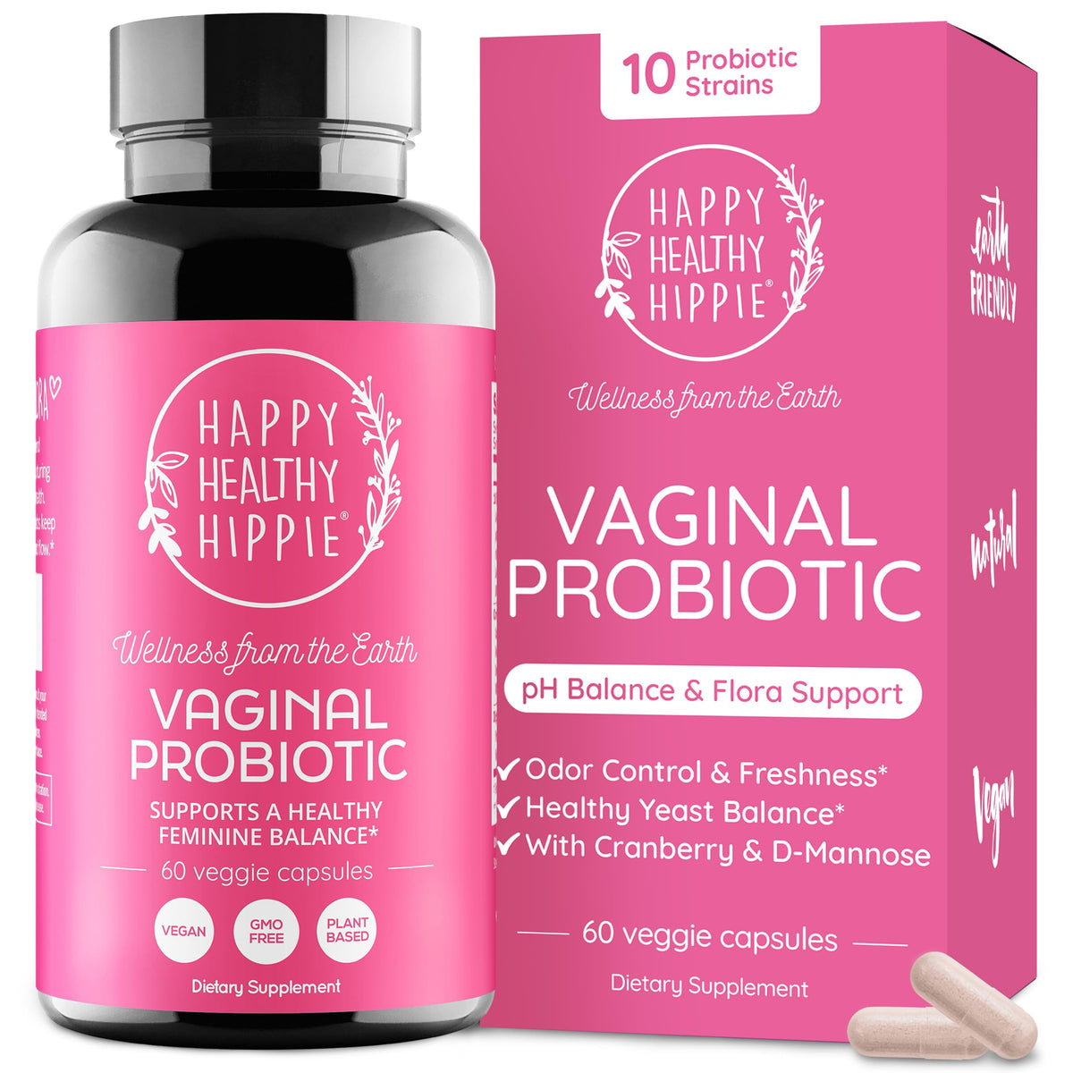 Happy Healthy Hippie Probiotico Vaginal Capsulas, soporte diario para equilibrio de flora y pH.
