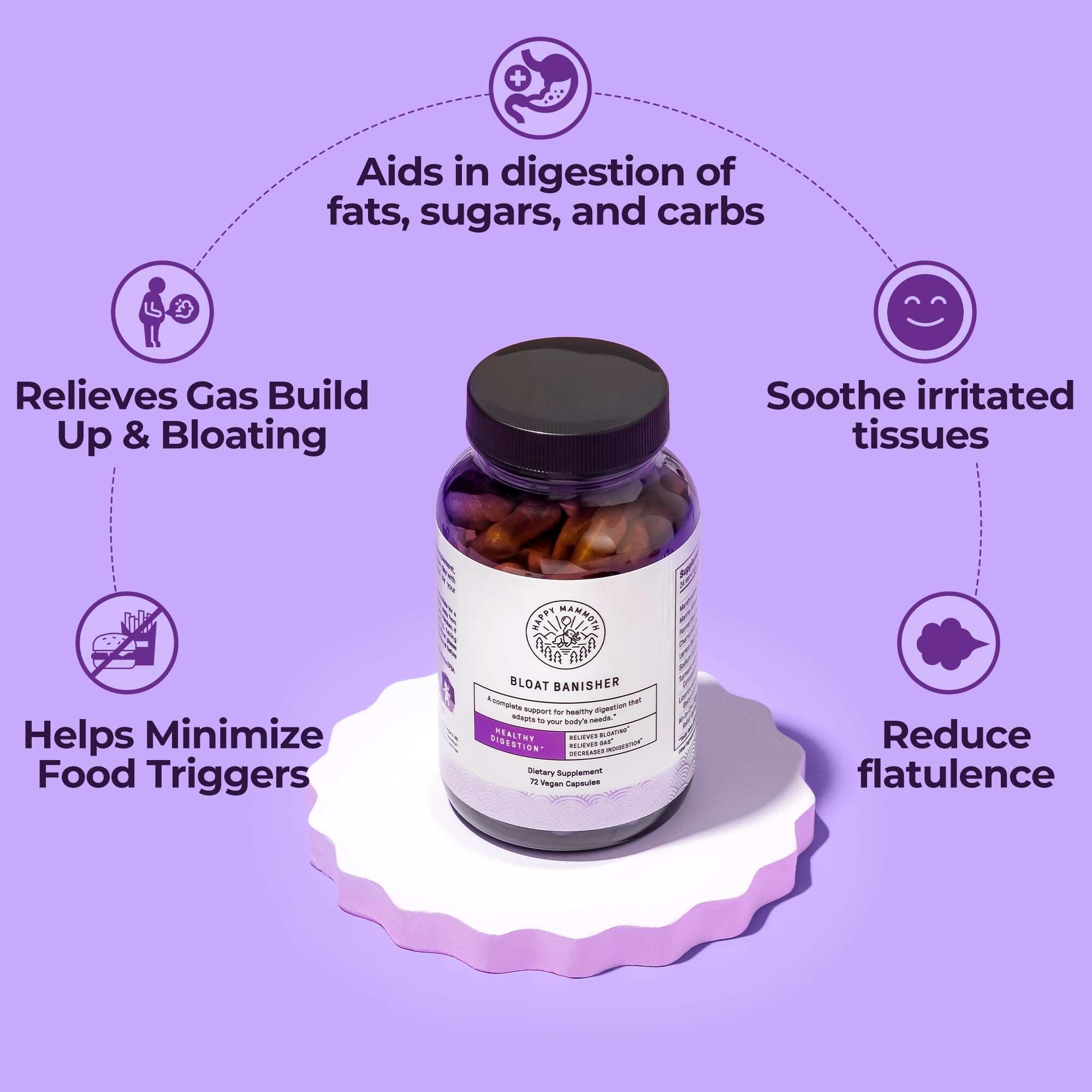 Happy Mammoth Bloat Banisher: etiqueta del producto destacando beneficios digestivos