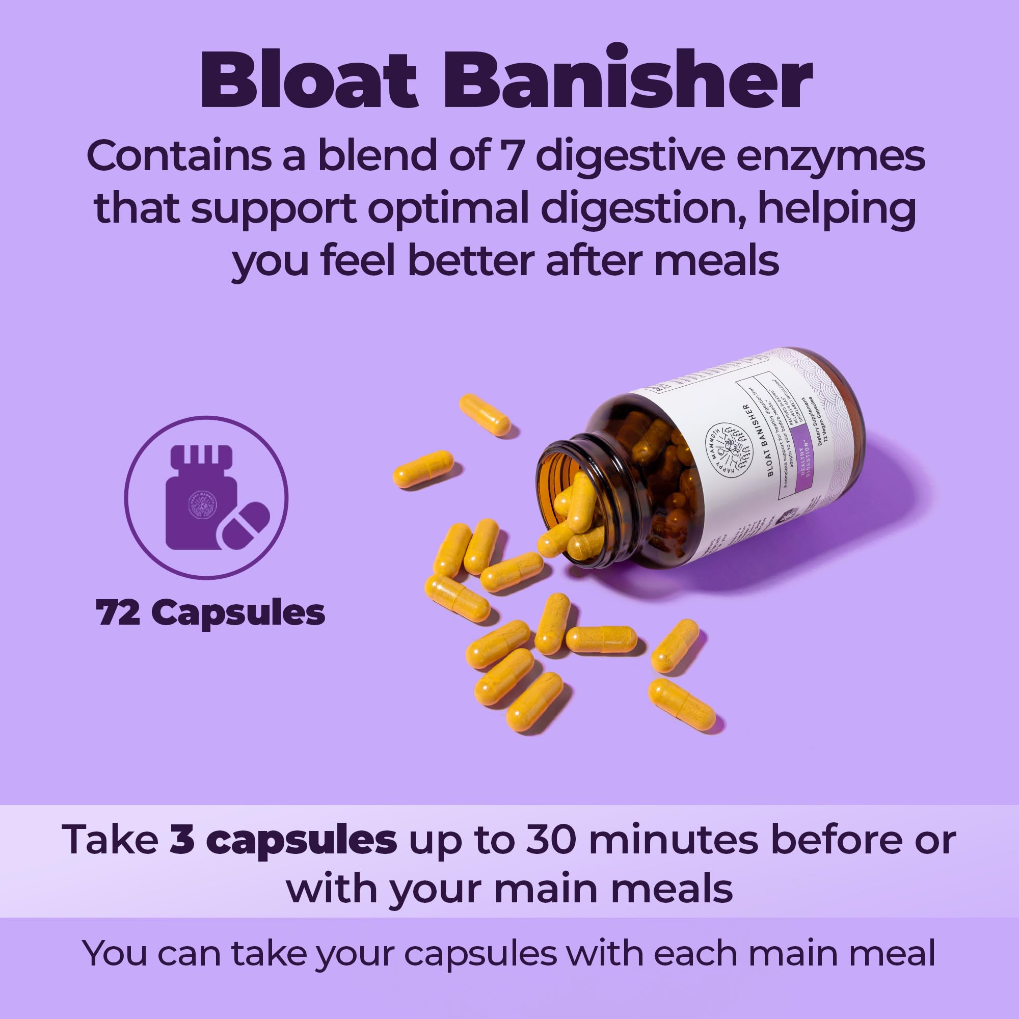 Happy Mammoth Bloat Banisher: empaque visible para fácil compra y almacenamiento