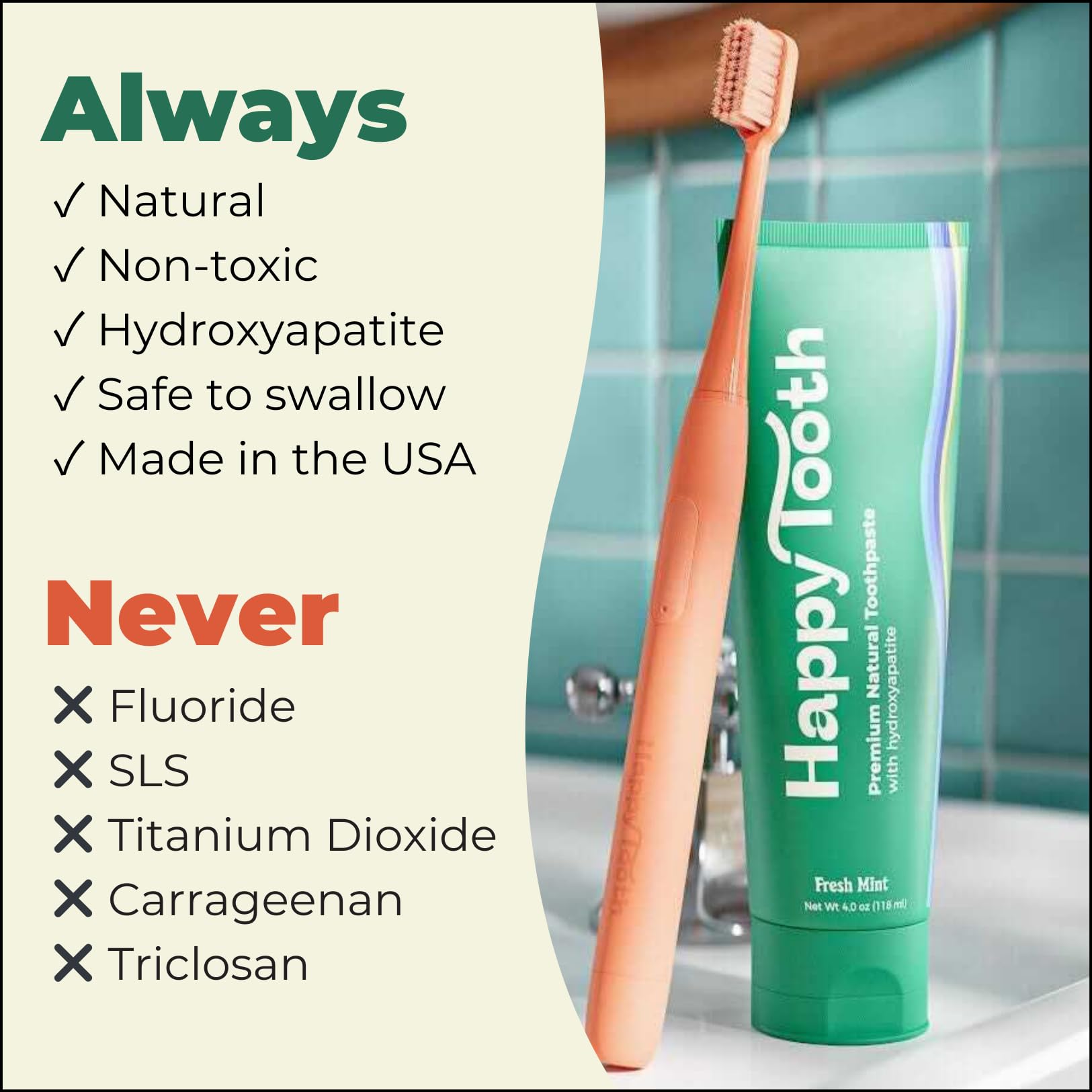 Happy Tooth libre de fluoruro y SLS para sonrisas seguras.