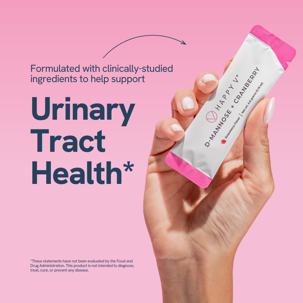 Happy V D-Mannose + Cranberry, detalle de ingredientes clave para la salud urinaria.
