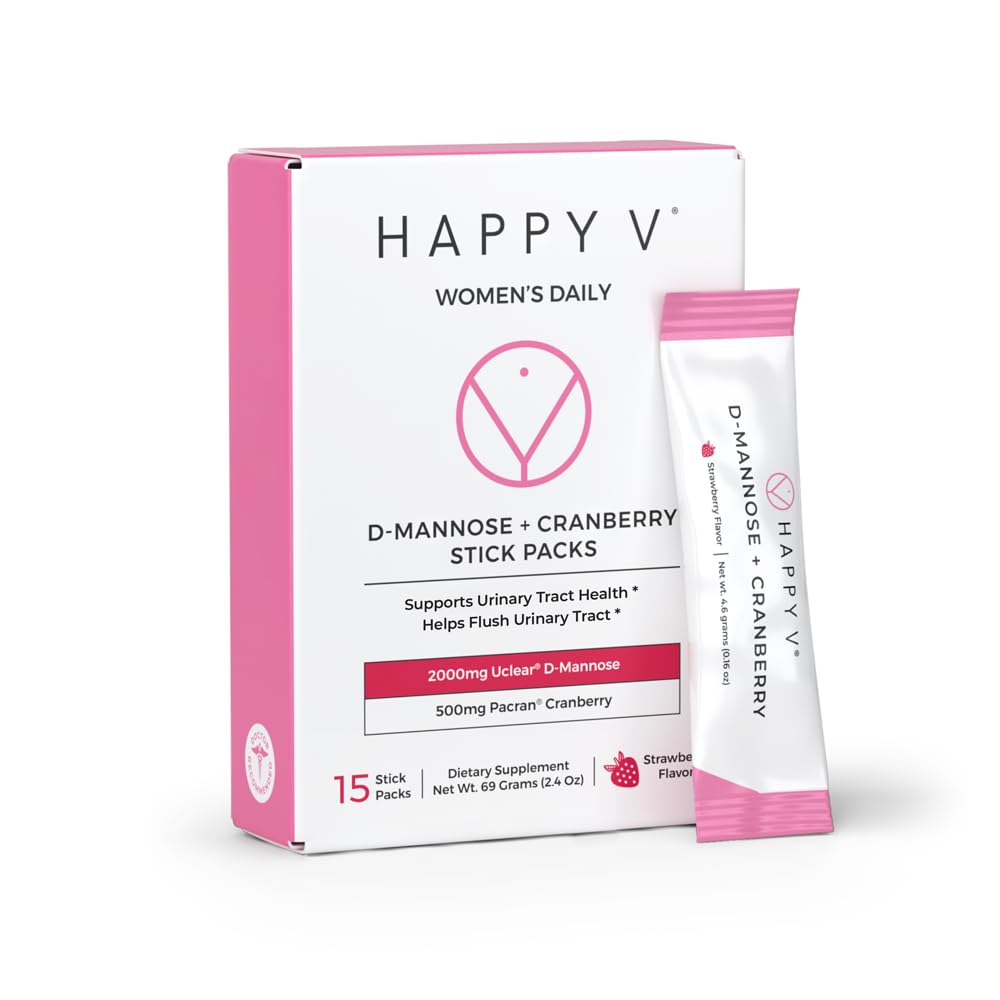 Happy V D-Mannose + Cranberry stick-pack frontal, apoyo urinario saludable.