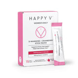 Happy V D-Mannose + Cranberry stick-pack frontal, apoyo urinario saludable.