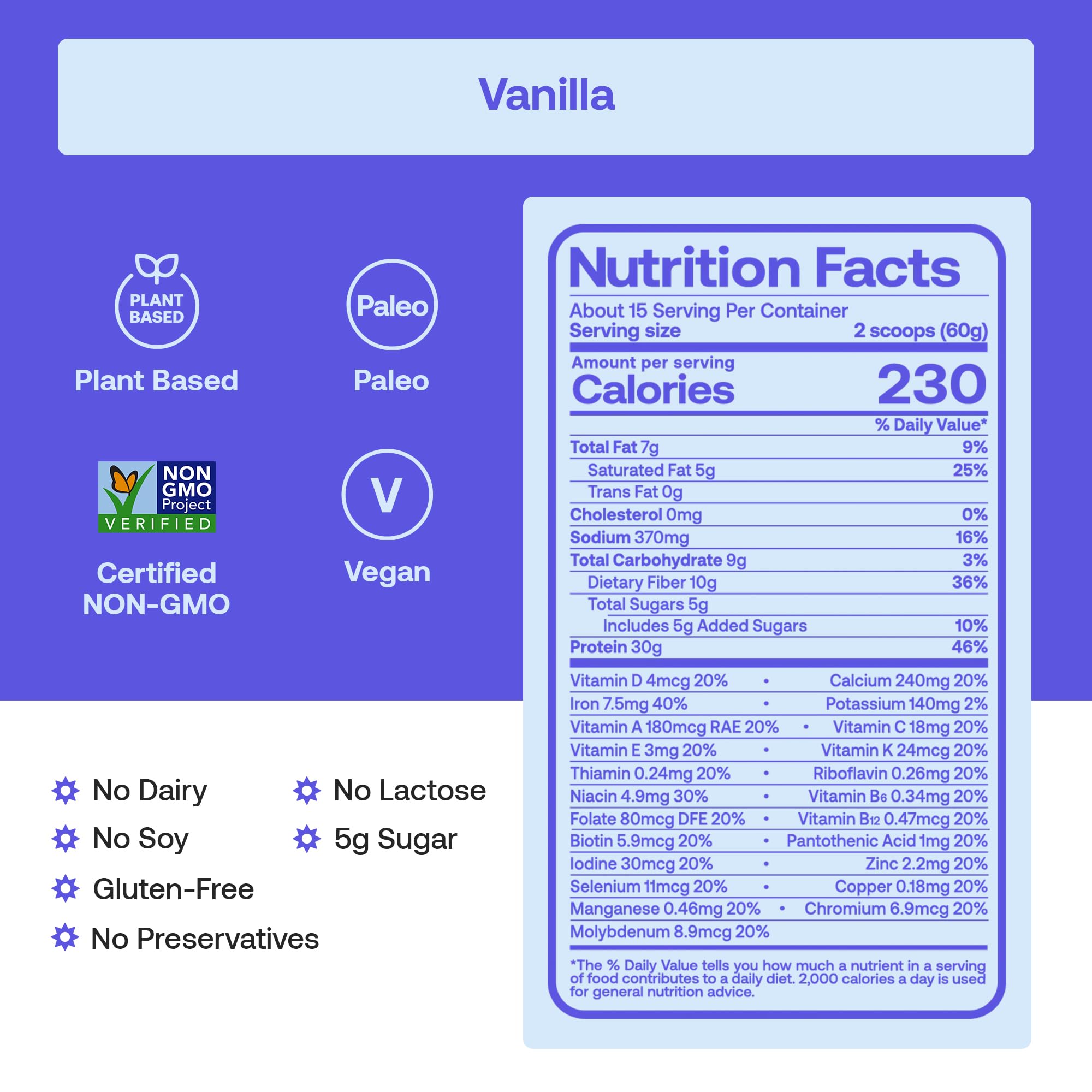 Happy Viking Proteína vegetal vainilla, etiqueta con información de ingredientes.