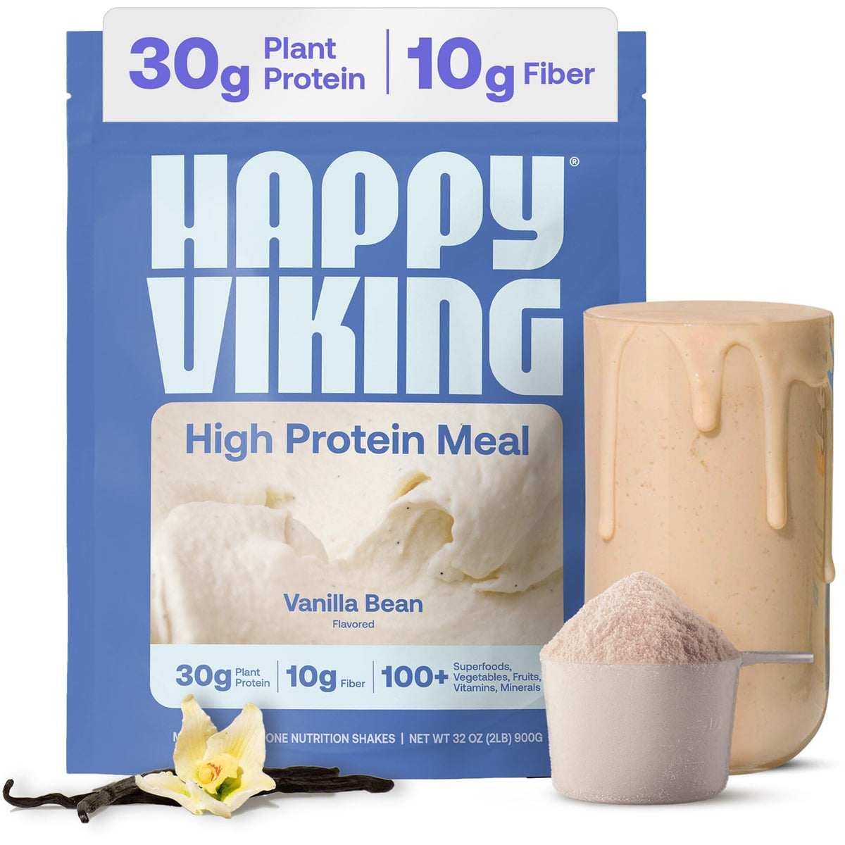 Happy Viking Proteína vegetal vainilla en vaso, ideal para batidos y energia diaria.