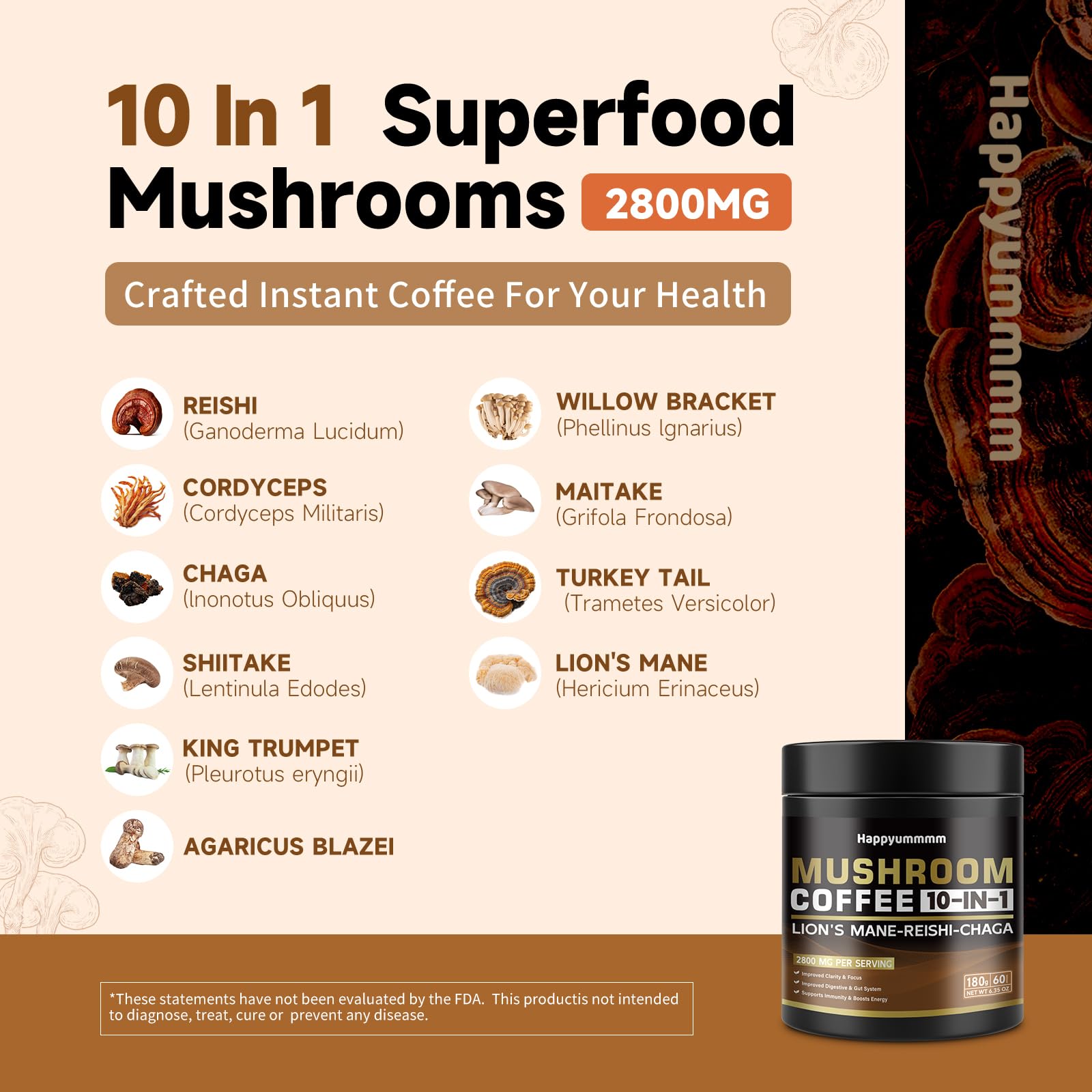 Happyummmm polvo de chaga y cordyceps para energía sostenida.