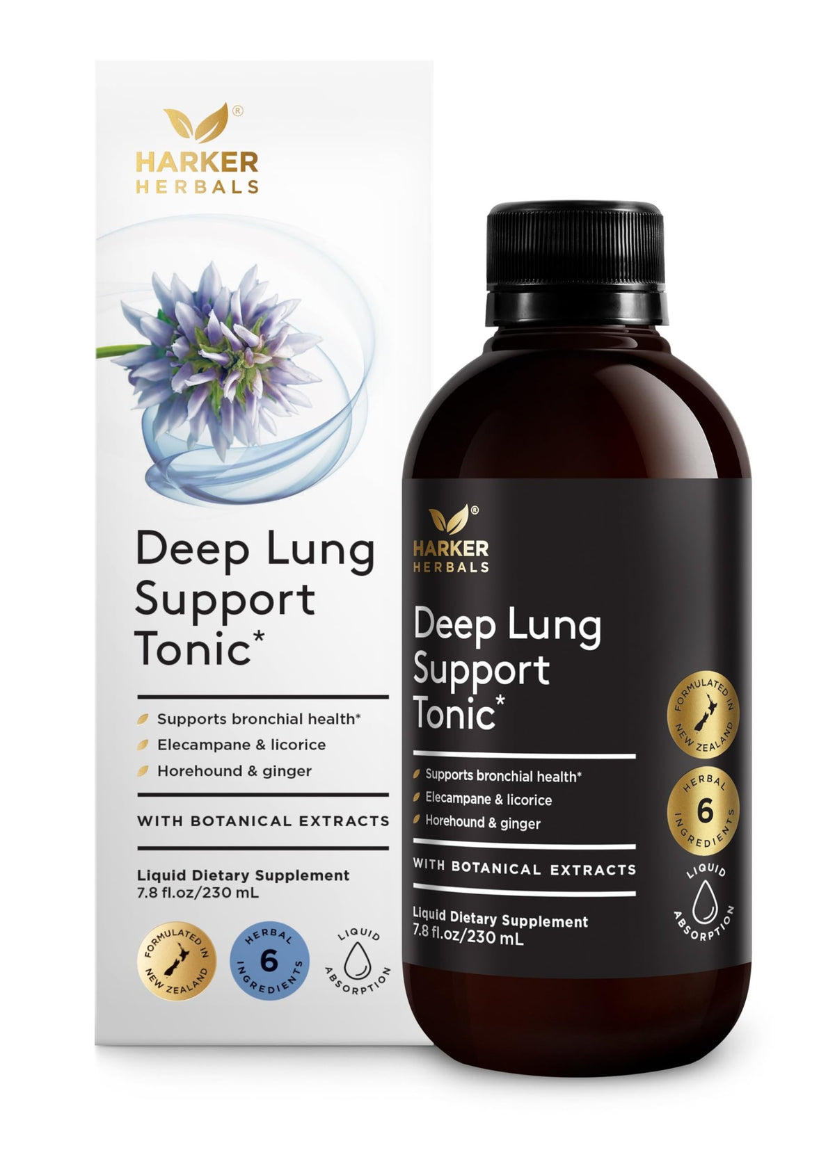 Tonico respiratorio Harker Herbals, botella, facilita una respiración más clara.
