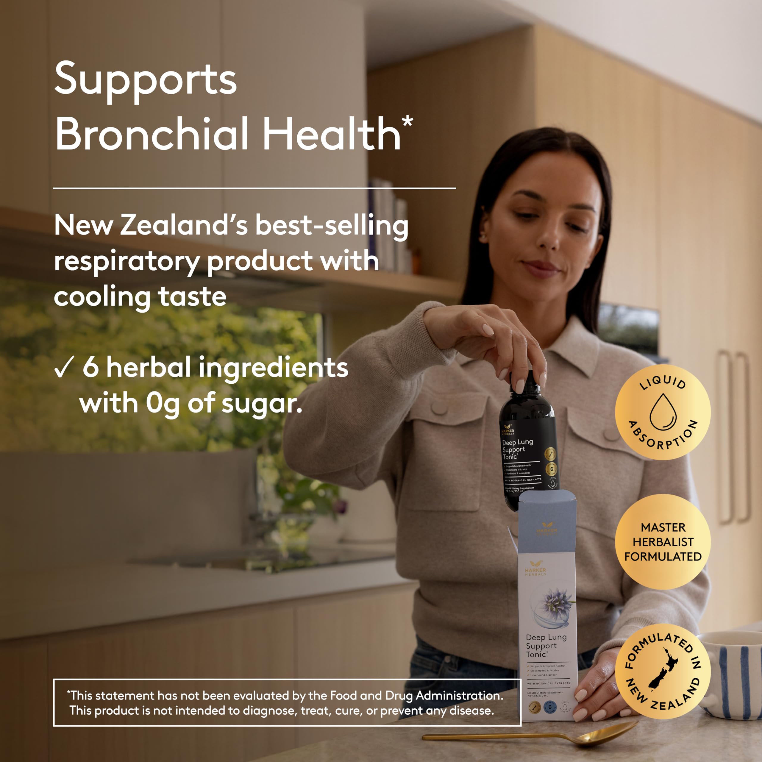 Tonico respiratorio Harker Herbals, botella translúcida, ideal para la rutina diaria.