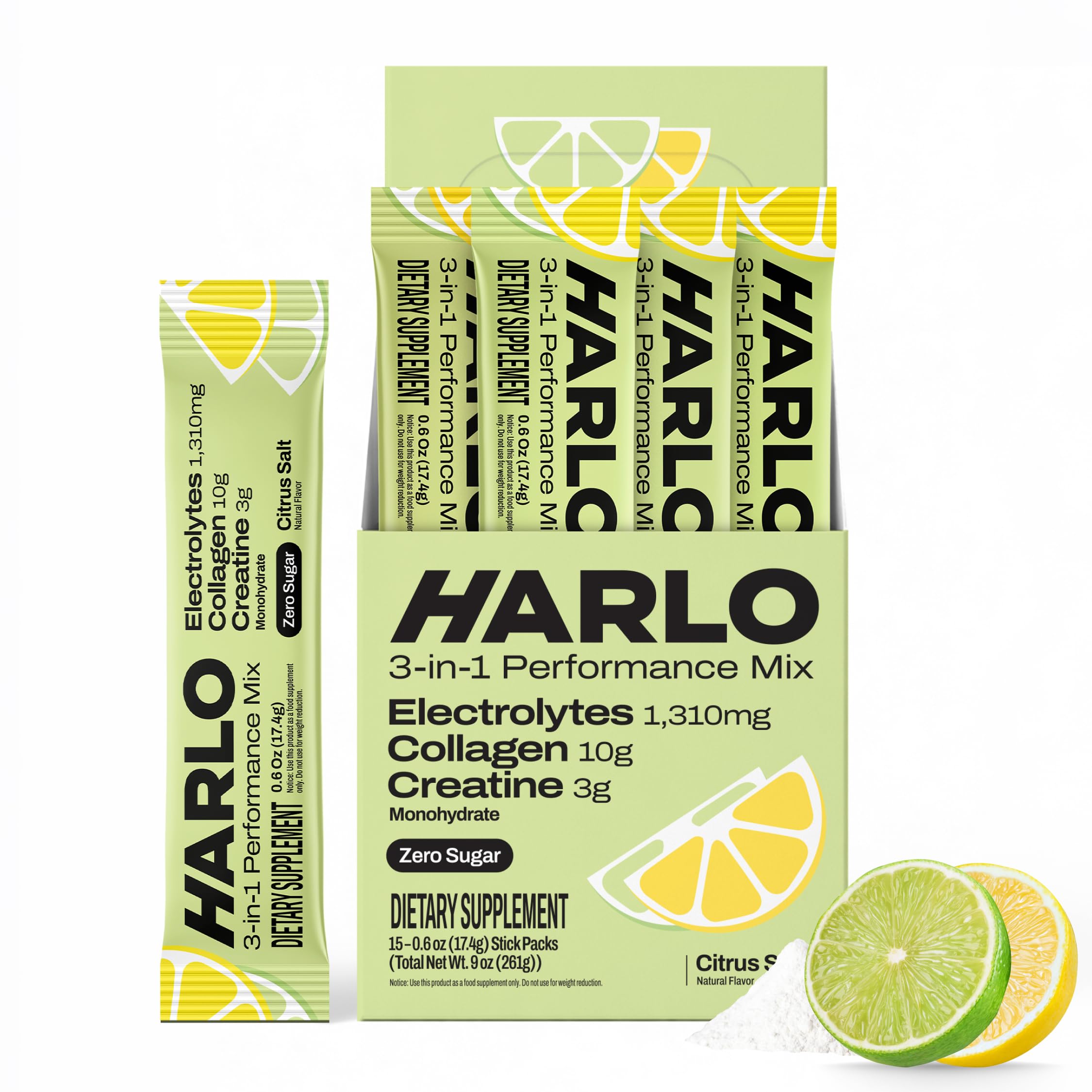 Harlo polvos de electrolitos 3 en 1, eneldo limón-lima para hidratación durante entrenamientos intensos